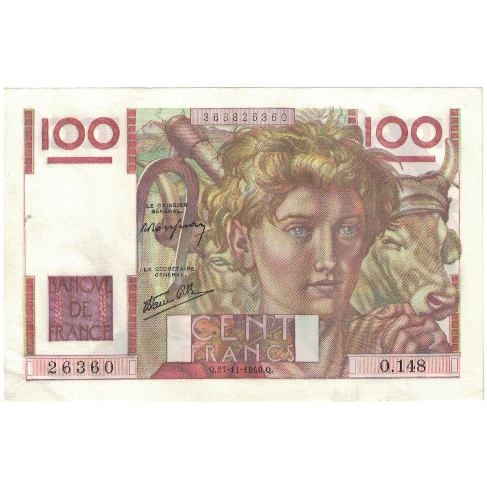 França, 100 Francs, Jeune Paysan, 26360 O.148, UNC(60-62), Fayette:28.11