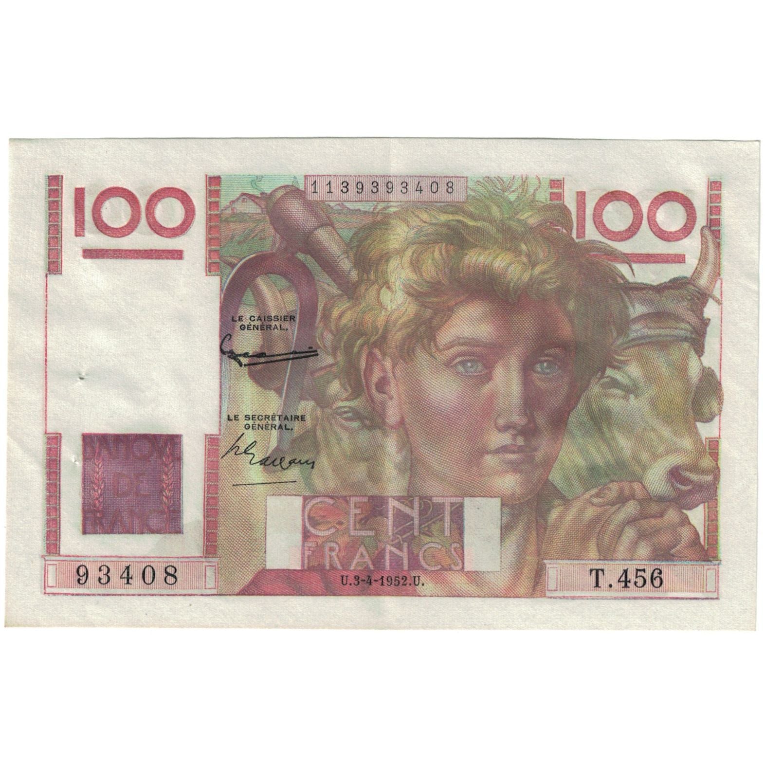 França, 100 Francs, Jeune Paysan, 1952, 93408 T.456, UNC(63), Fayette:28.32