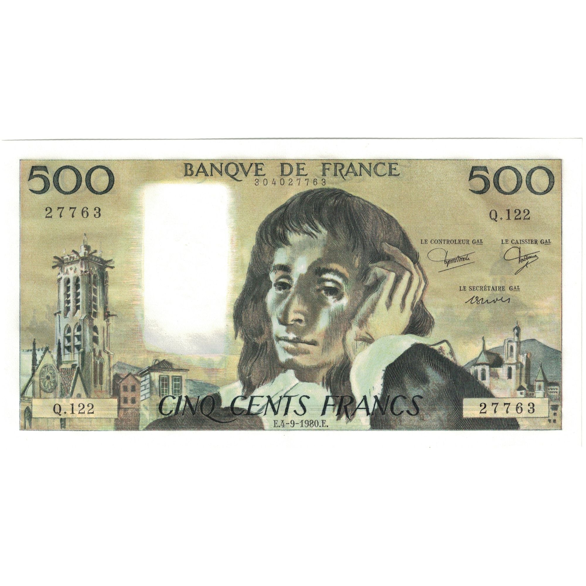 France, 500 Francs, Pascal, 1980, Q.122 27763, UNC(65-70), Fayette:71.22