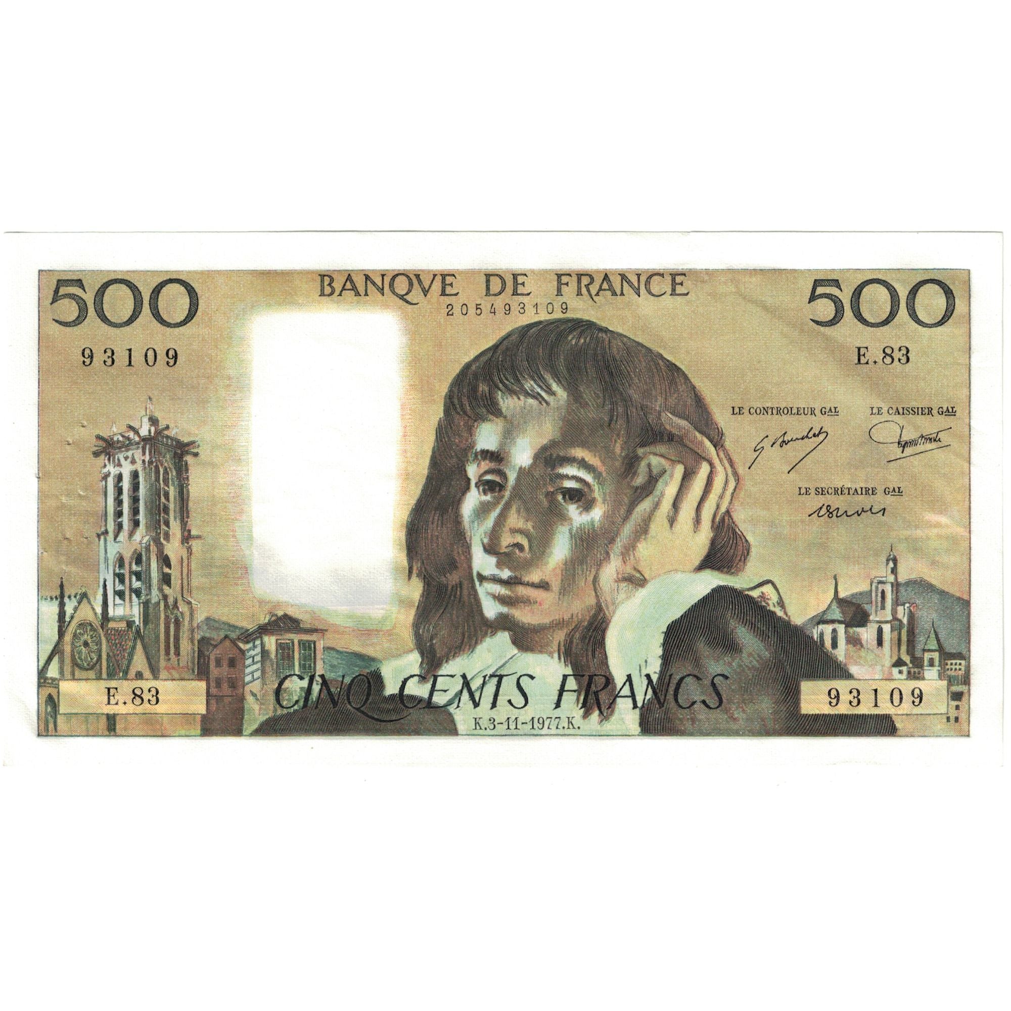 France, 500 Francs, Pascal, 1977, E.83 93109, UNC(63), Fayette:71.17, KM:156d