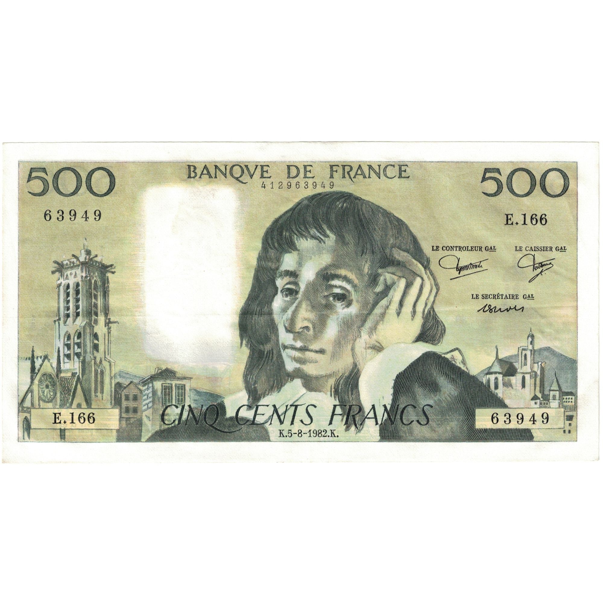 France, 500 Francs, Pascal, 1982, E.166 63949, AU(55-58), Fayette:71.27, KM:156e