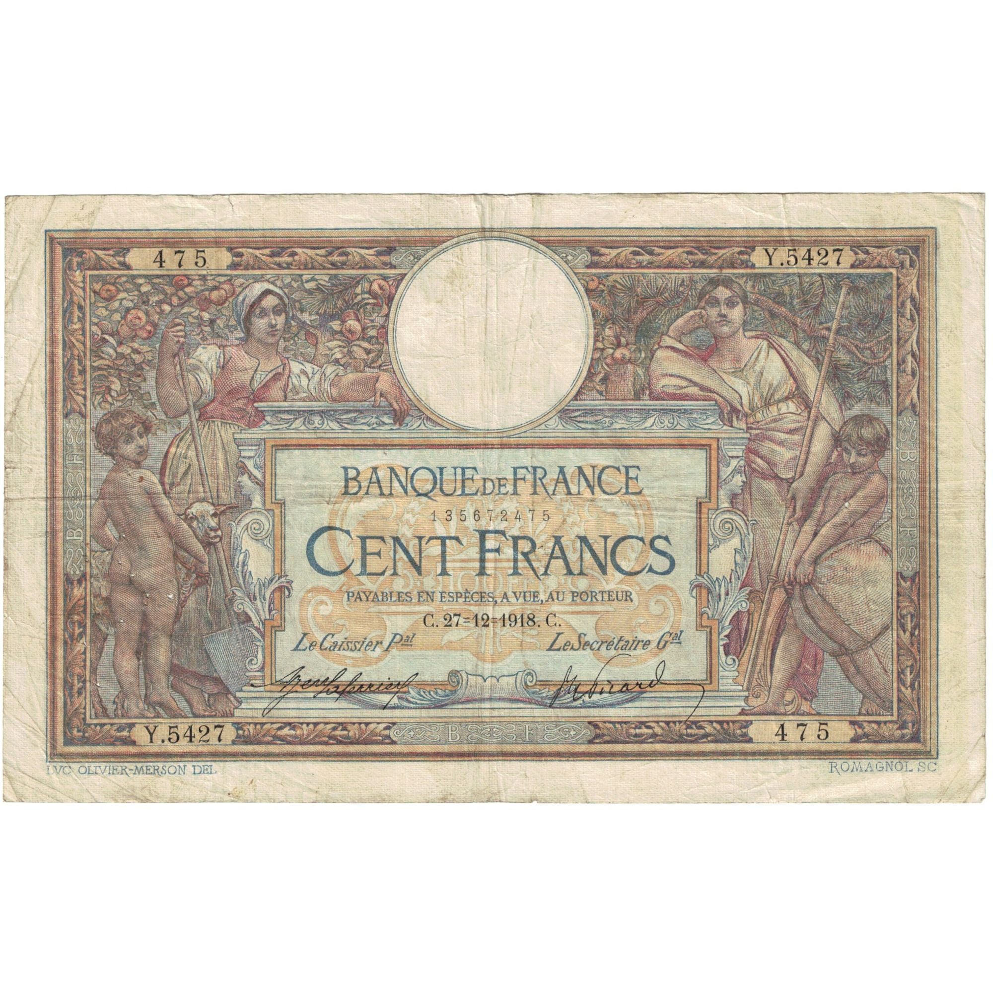 France, 100 Francs, Luc Olivier Merson, 1918, Y.5427 475, VF(30-35)
