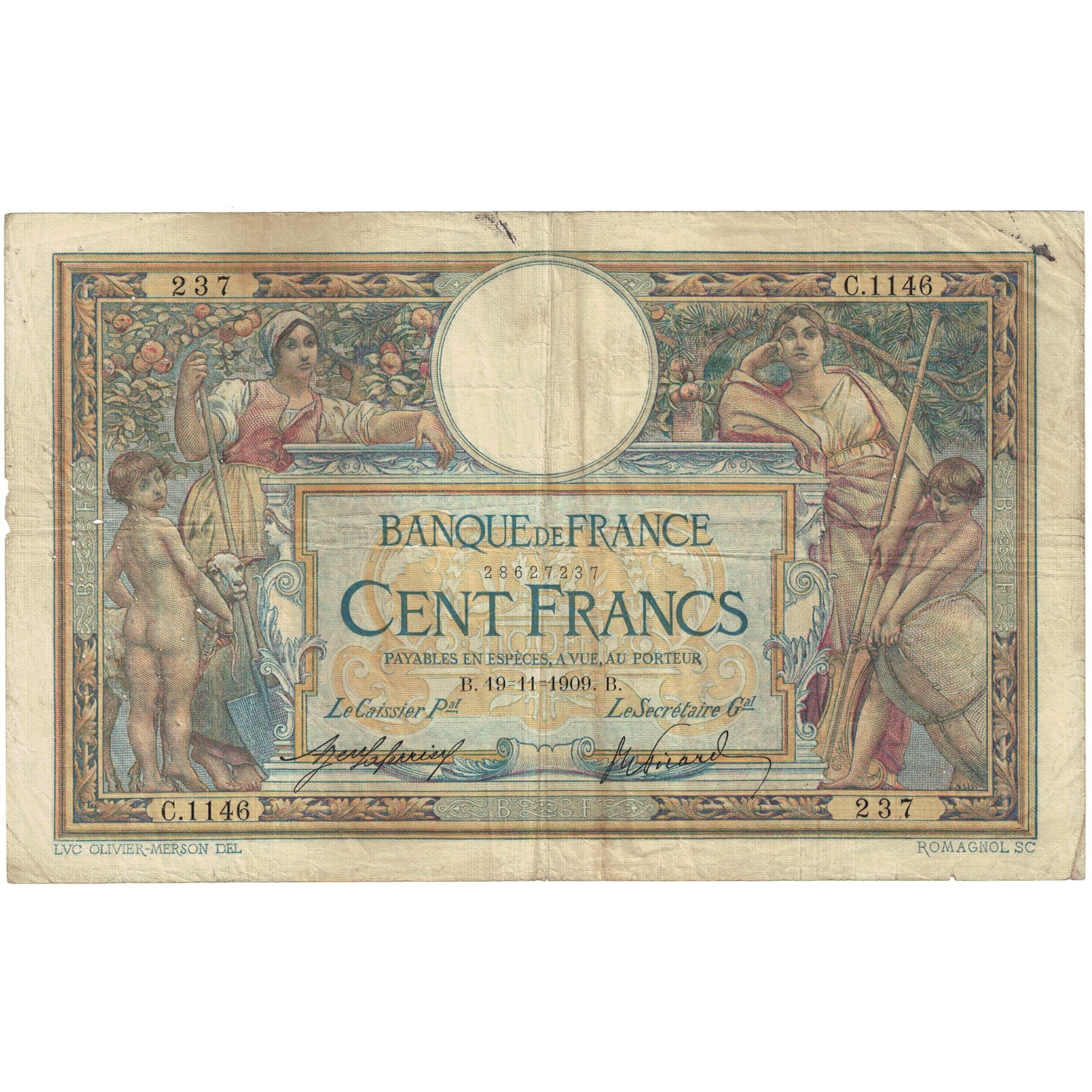 France, 100 Francs, Luc Olivier Merson, 1909, C.1146 237, VF(20-25), KM:71a