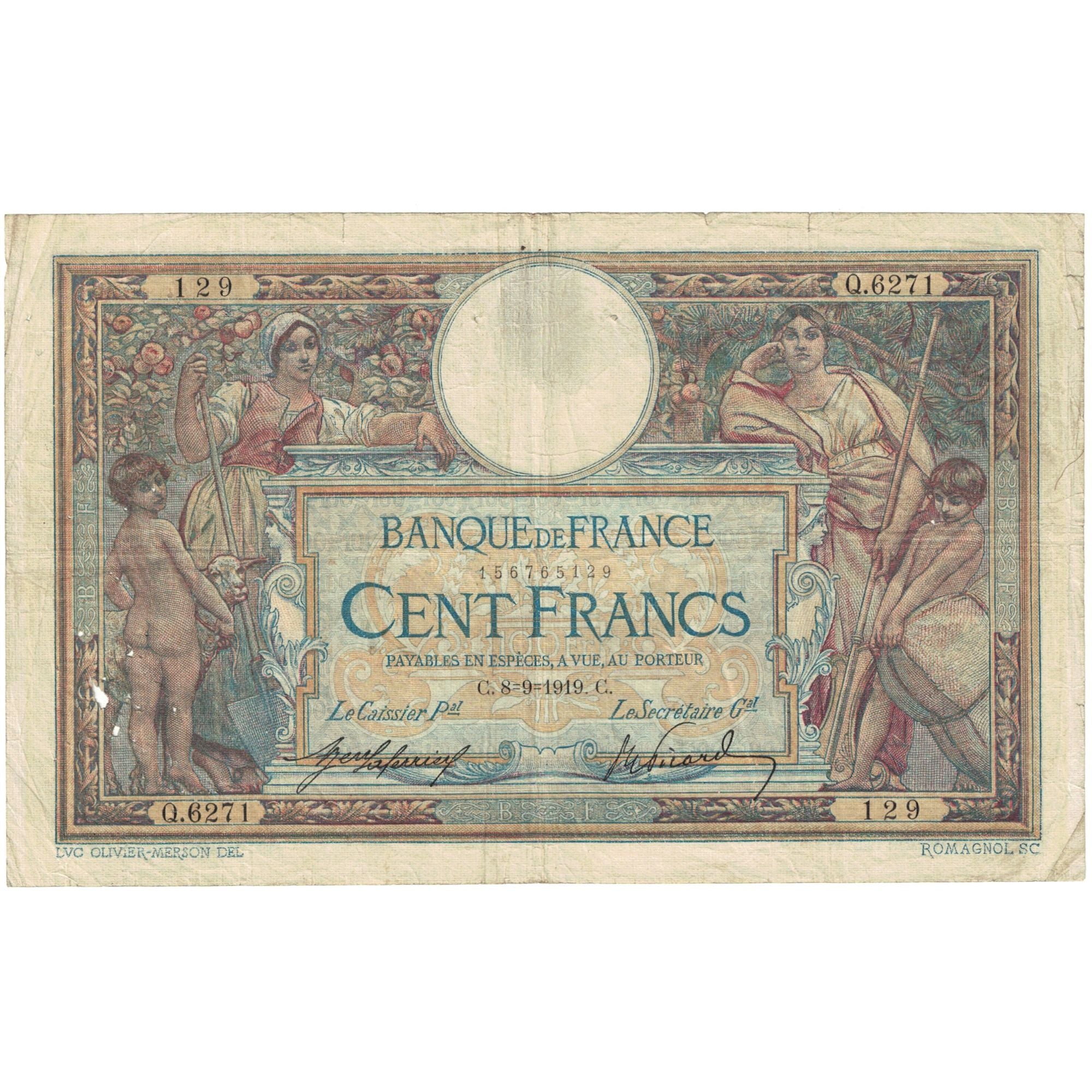 France, 100 Francs, Luc Olivier Merson, 1919, Q.6271, VF(20-25), Fayette:23.11