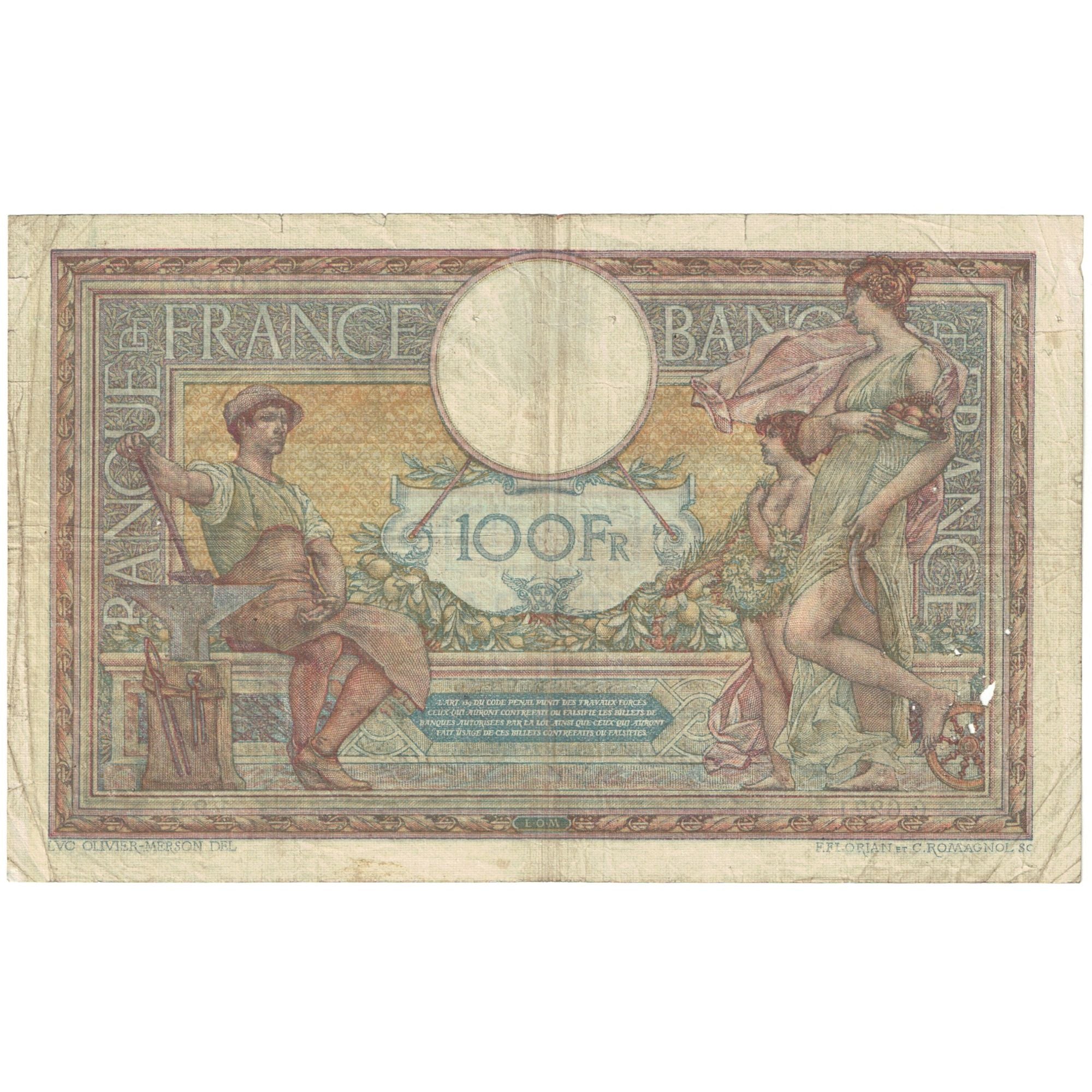 France, 100 Francs, Luc Olivier Merson, 1919, Q.6271, VF(20-25), Fayette:23.11