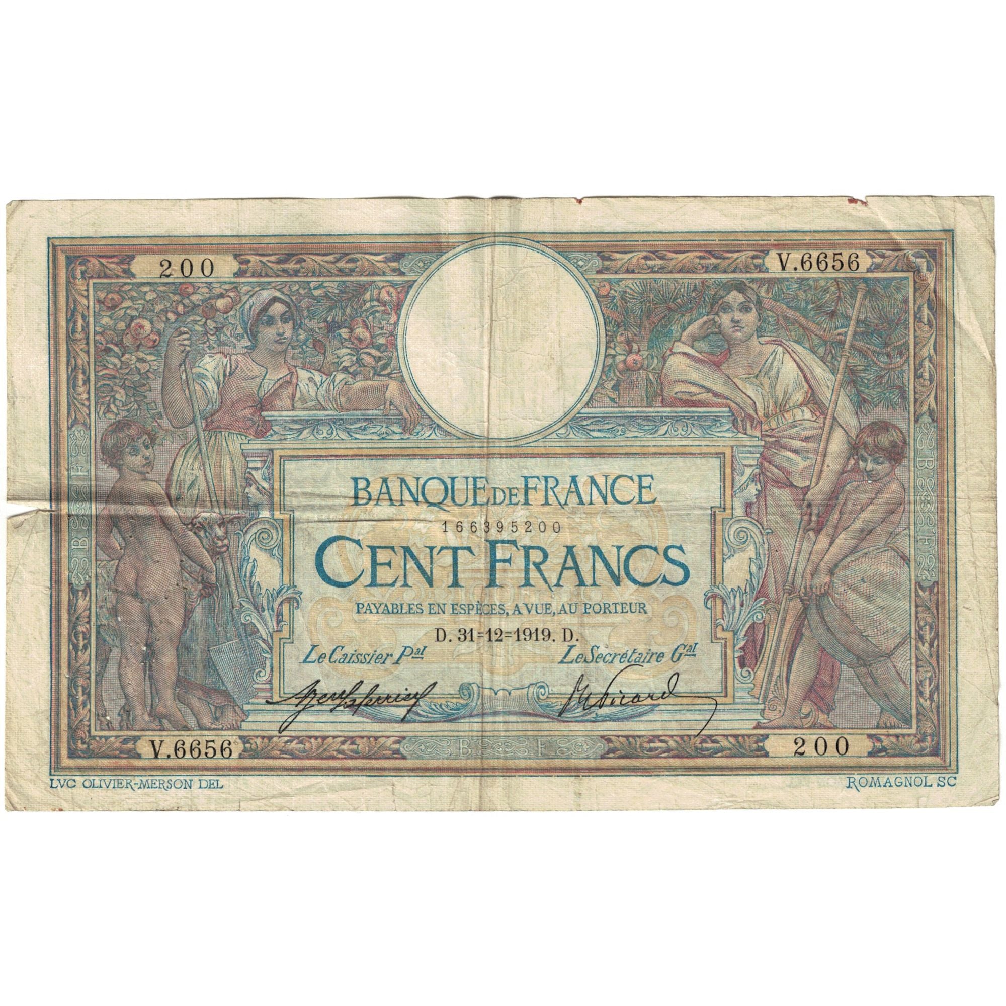 France, 100 Francs, Luc Olivier Merson, 1919, V.6656, VF(30-35), Fayette:23.11
