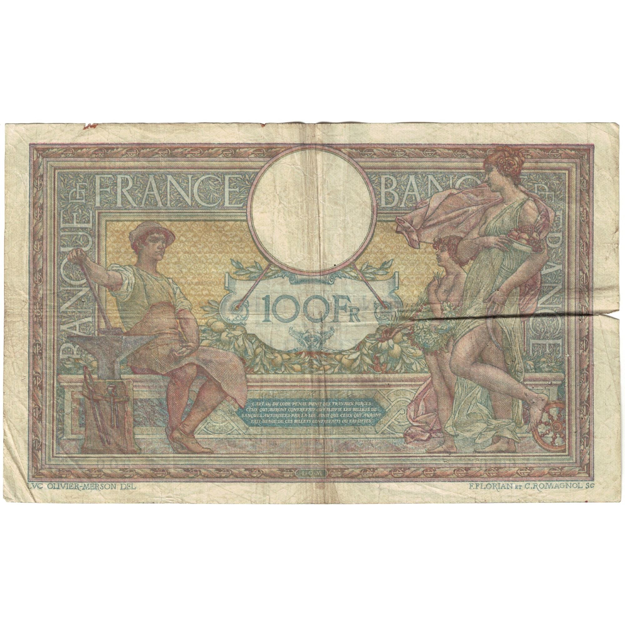 France, 100 Francs, Luc Olivier Merson, 1919, V.6656, VF(30-35), Fayette:23.11