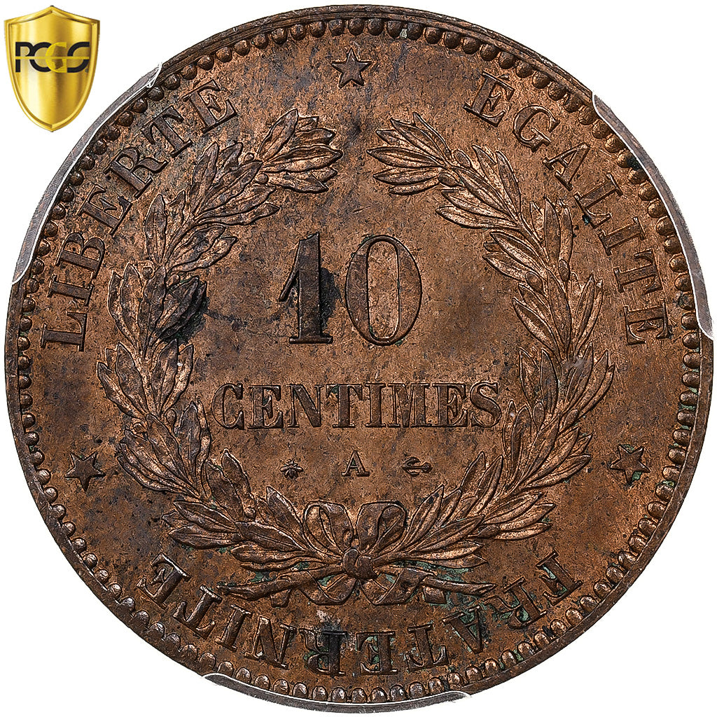 Francia, 10 Centimes, Cérès, 1871, Paris, Bronzo, PCGS, MS63RB, Gadoury:265