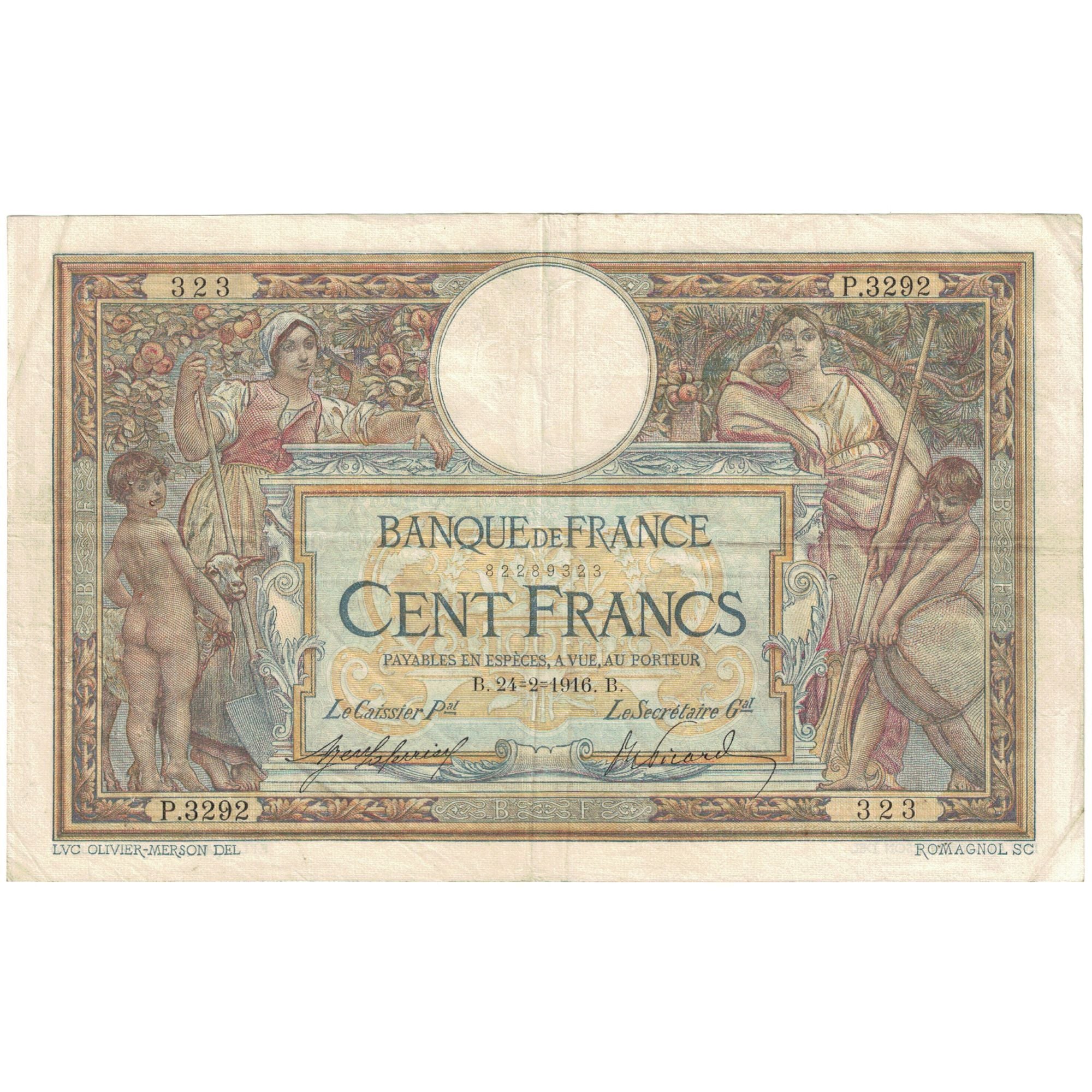 France, 100 Francs, Luc Olivier Merson, 1916, P.3292, TB, Fayette:23.8, KM:71a