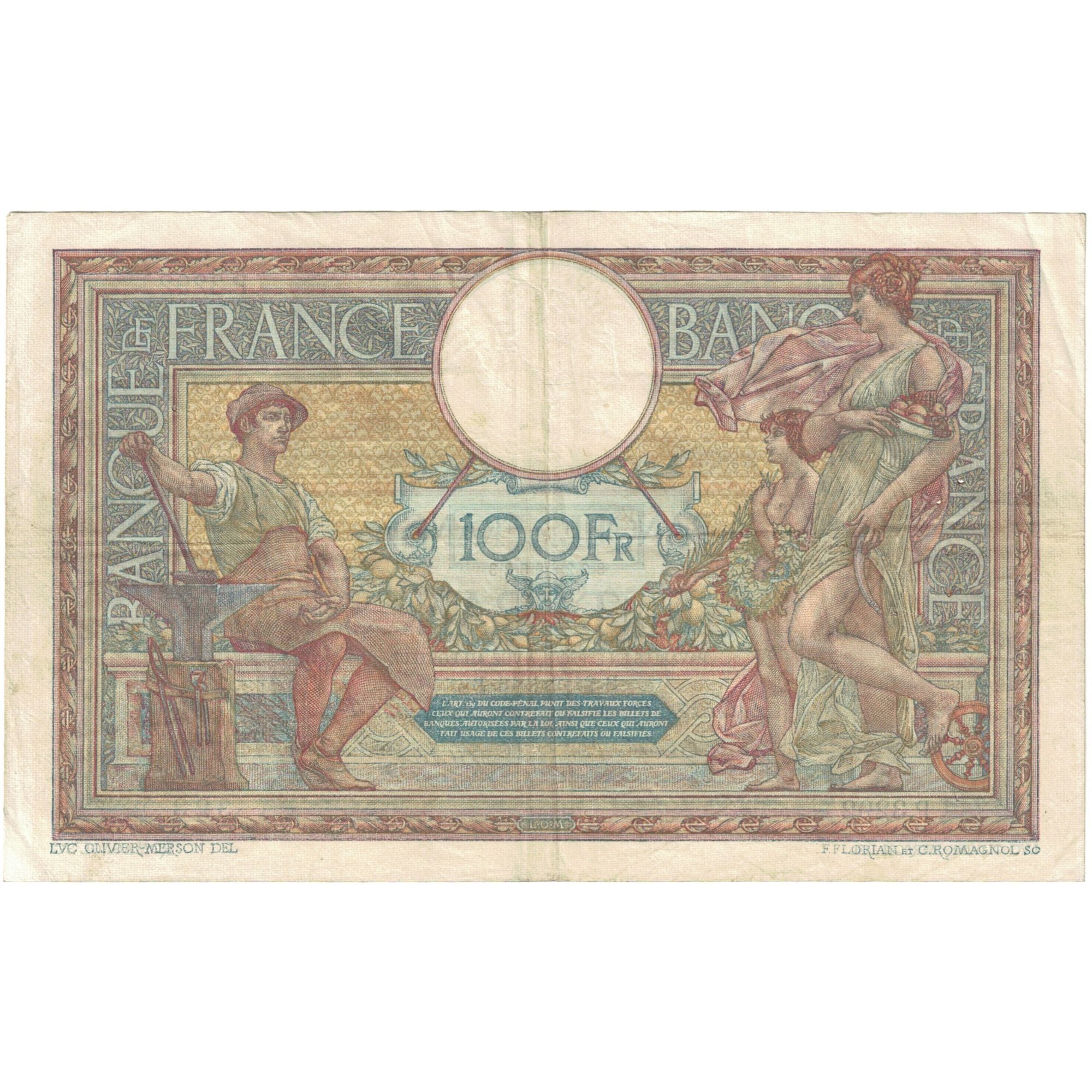 France, 100 Francs, Luc Olivier Merson, 1916, P.3292, TB, Fayette:23.8, KM:71a