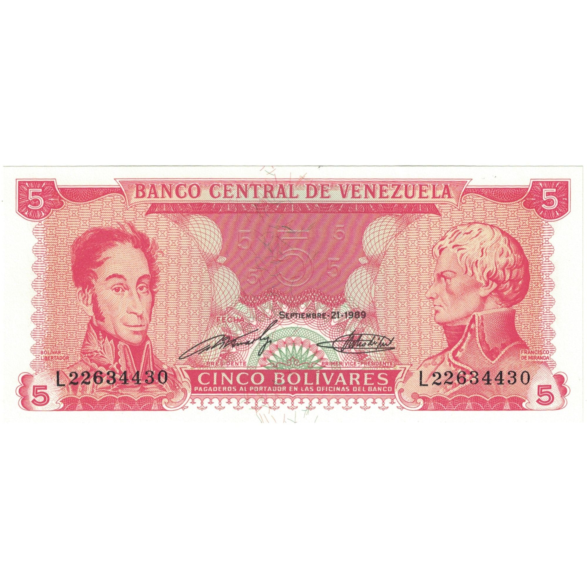 Banknote, Venezuela, 5 Bolivares, 1989, 1989-09-21, KM:50h, UNC(65-70)