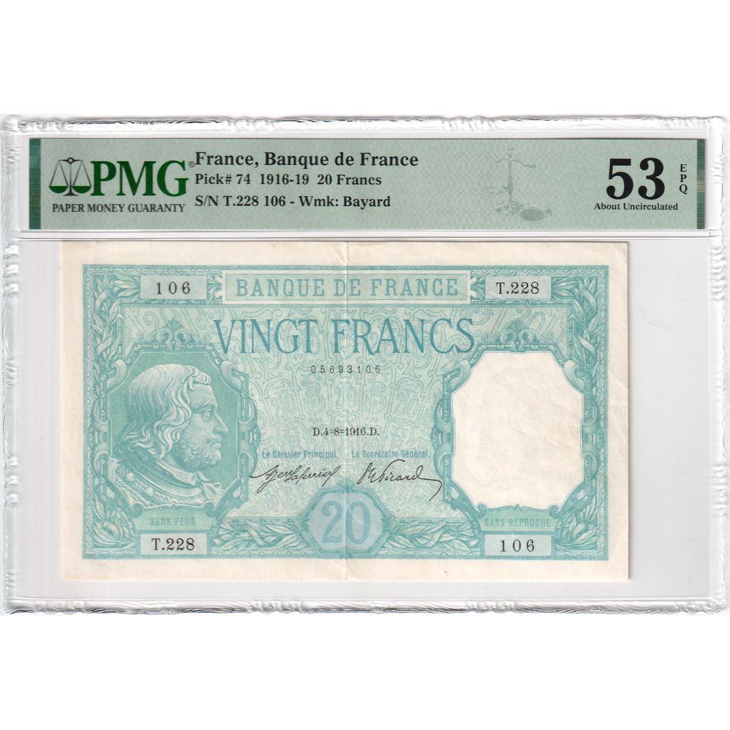 France, 20 Francs, Bayard, 1916-08-04, T.228, AU 53 EPQ, PMG