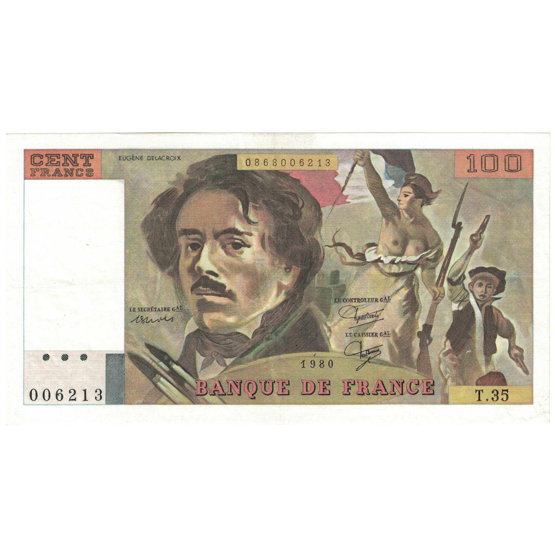 France, 100 Francs, Delacroix, 1980, 006213 T.35, UNC(63), Fayette:69.4b