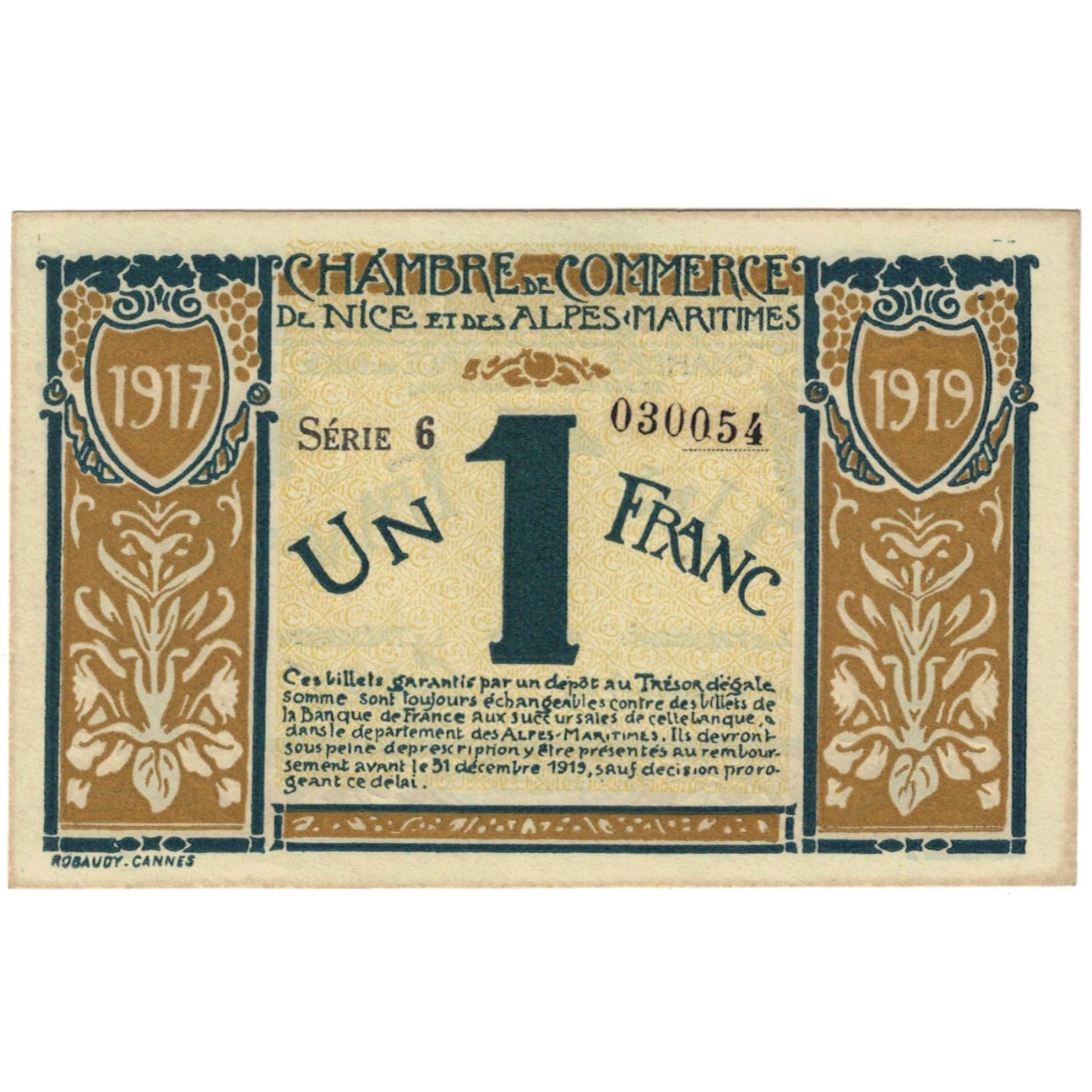 França, Nice, 1 Franc, 1917, AU(55-58), Pirot:91-5