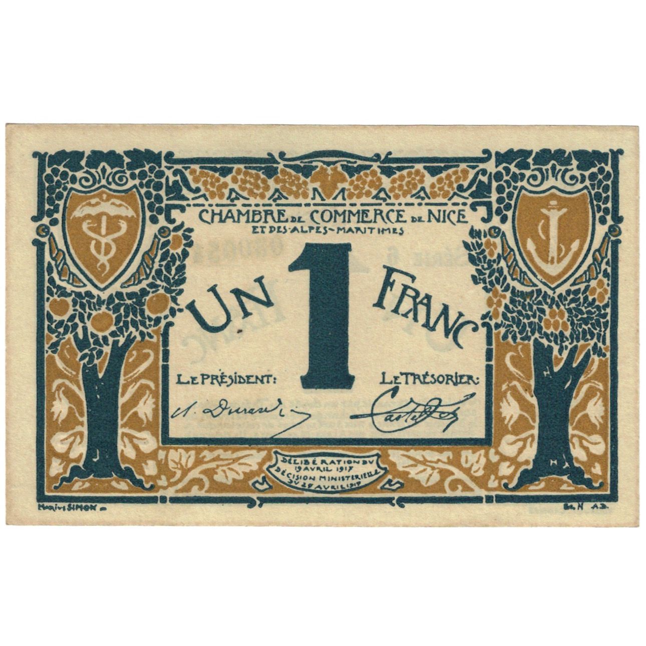 França, Nice, 1 Franc, 1917, AU(55-58), Pirot:91-5