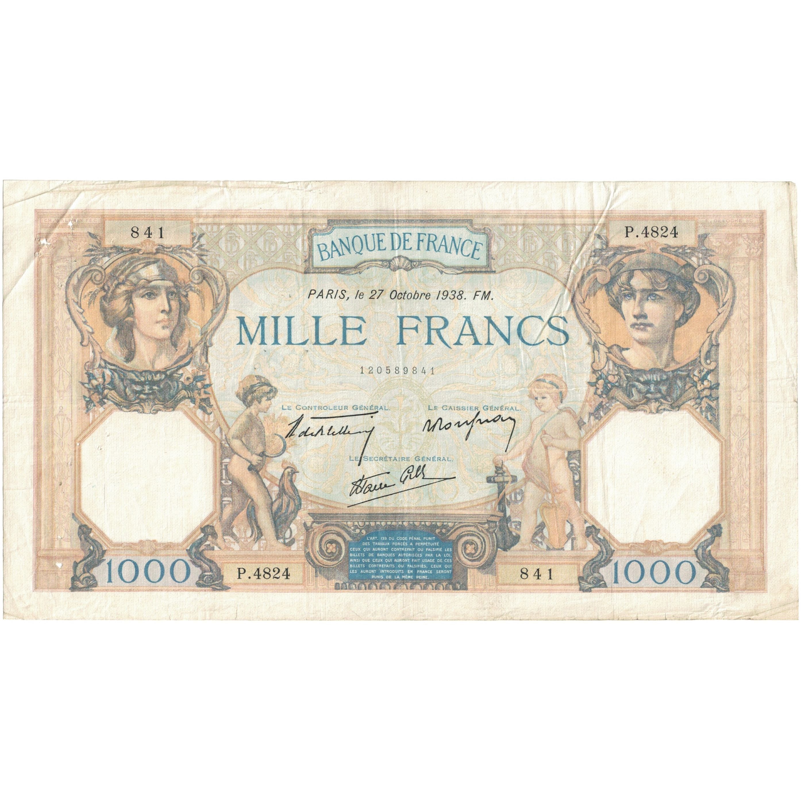 Banknot, Francja, 1000 Francs, Cérès et Mercure, 1938, 1938-10-27, EF(40-45)