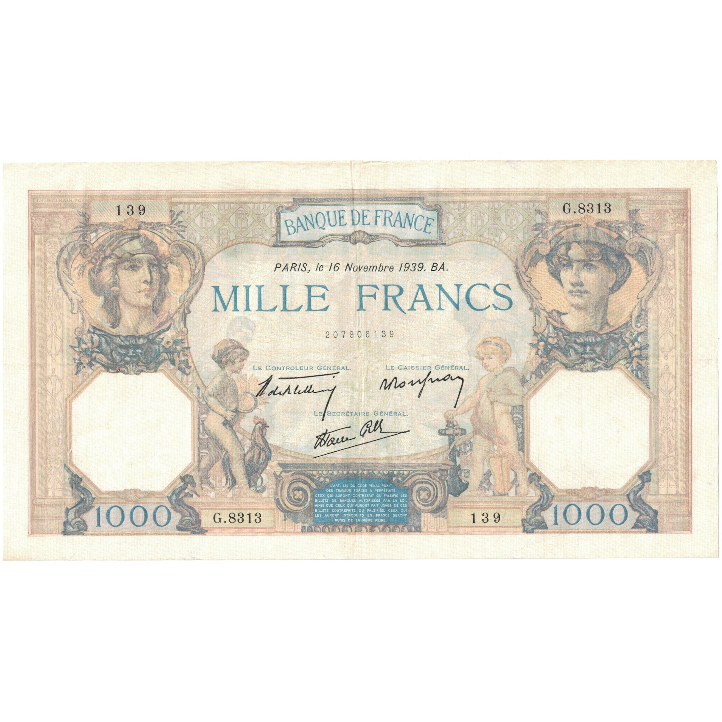 France, 1000 Francs, 1939, G.8313 139, TTB, Fayette:38.39, KM:90c