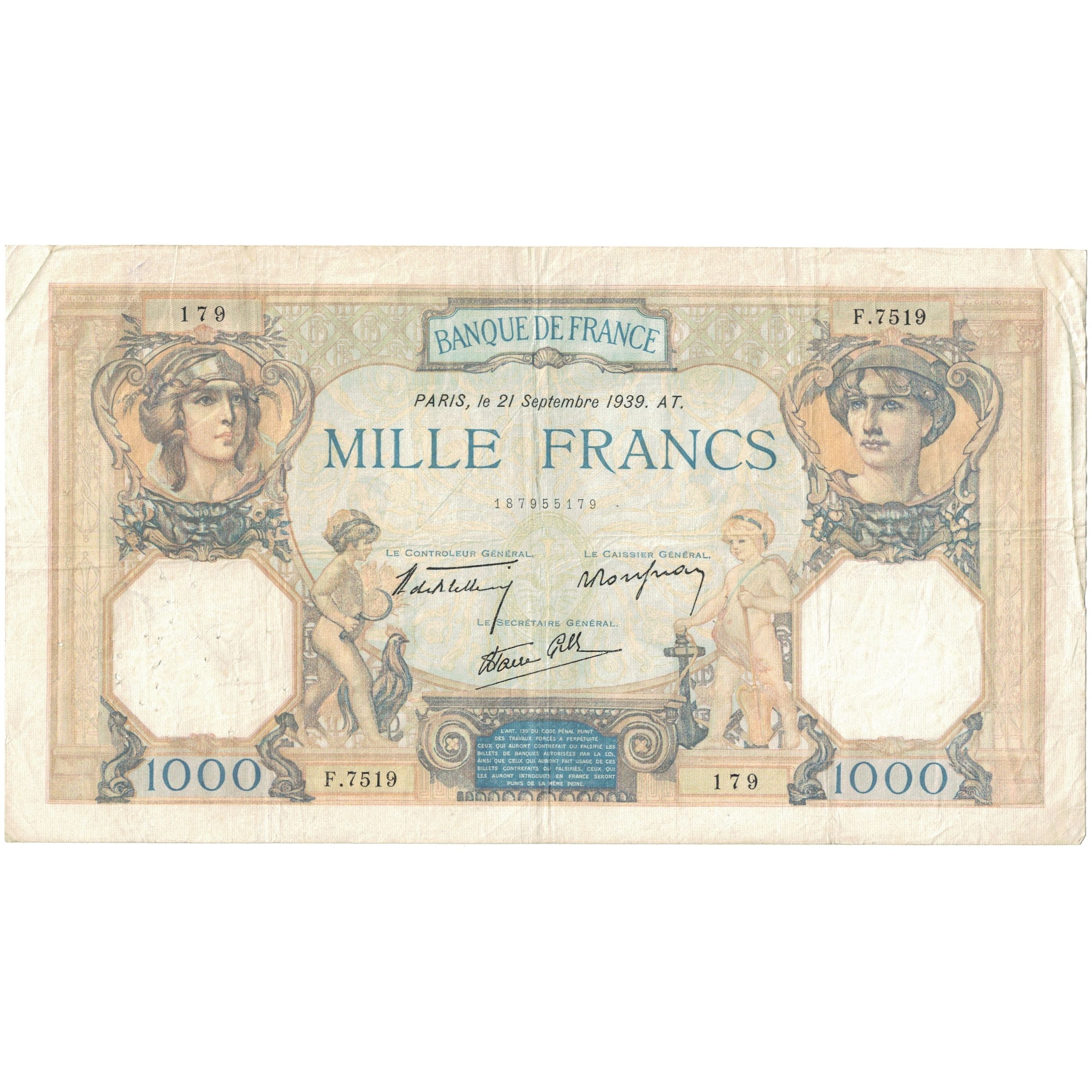 Frankrijk, 1000 Francs, Cérès et Mercure, 1939, F.7519 179, TTB