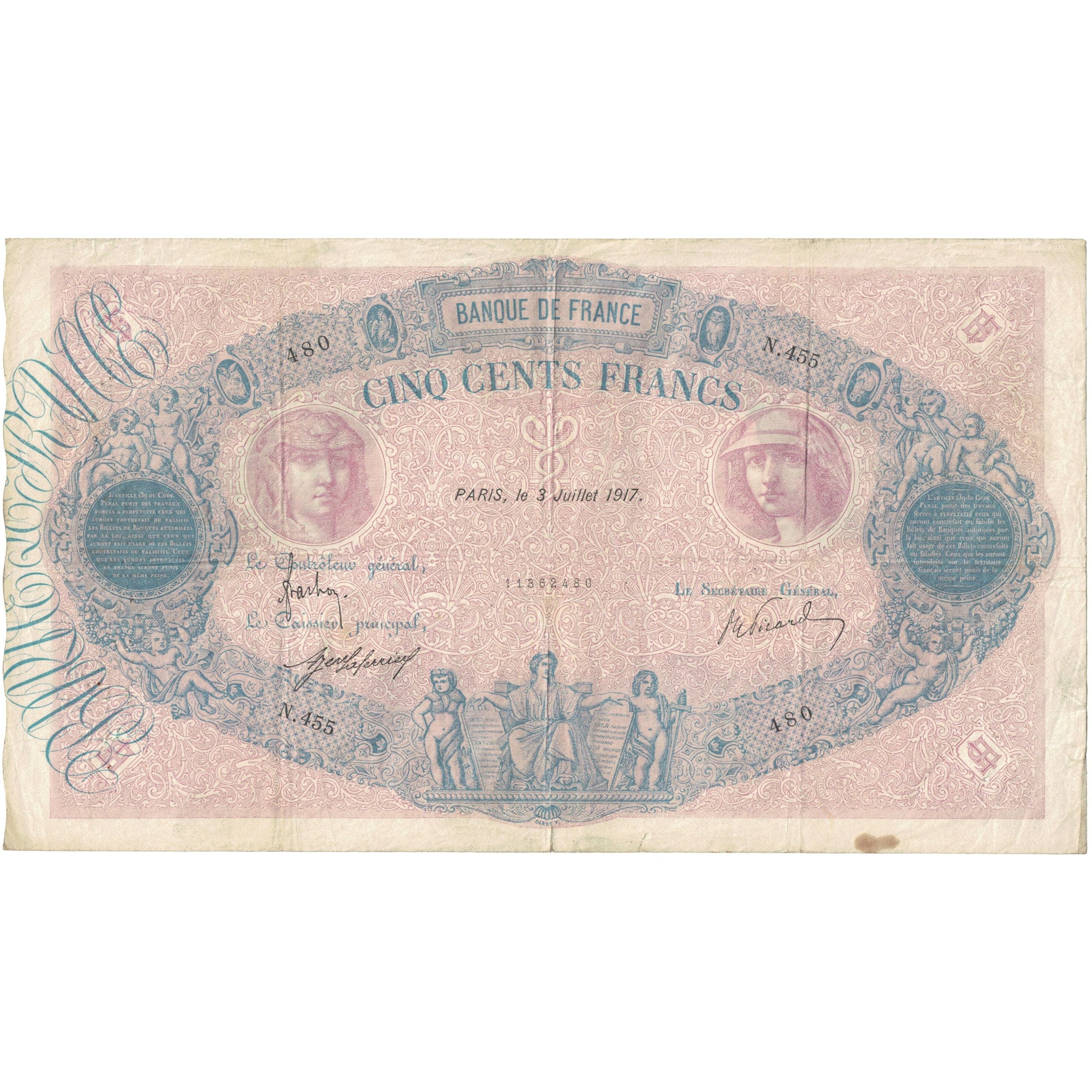 Francia, 500 Francs, Bleu et Rose, 1917, N.455 480, MB, Fayette:30.23, KM:66g