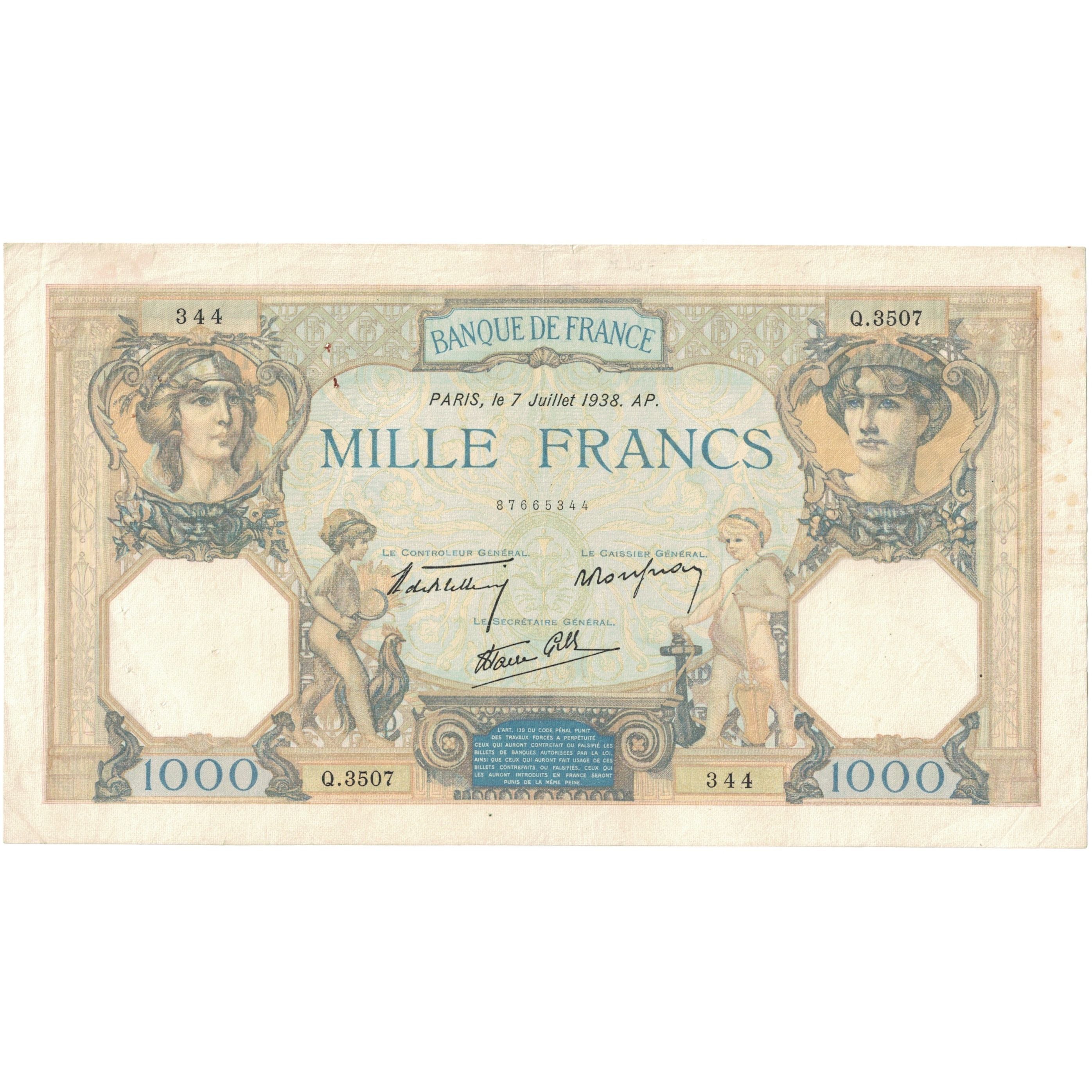 Frankreich, 1000 Francs, 1938, Q.3507 344, SS, Fayette:38.22, KM:90c