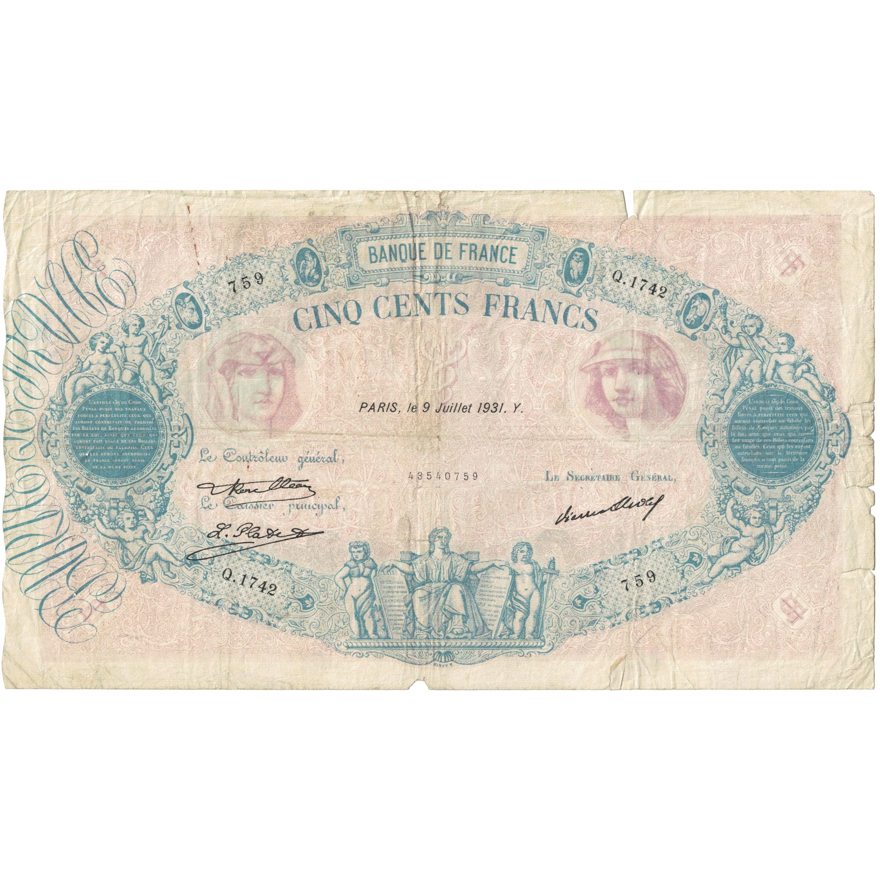 Frankrijk, 500 Francs, Bleu et Rose, 1931, Q.1742 759, TB, Fayette:30.34, KM:66g