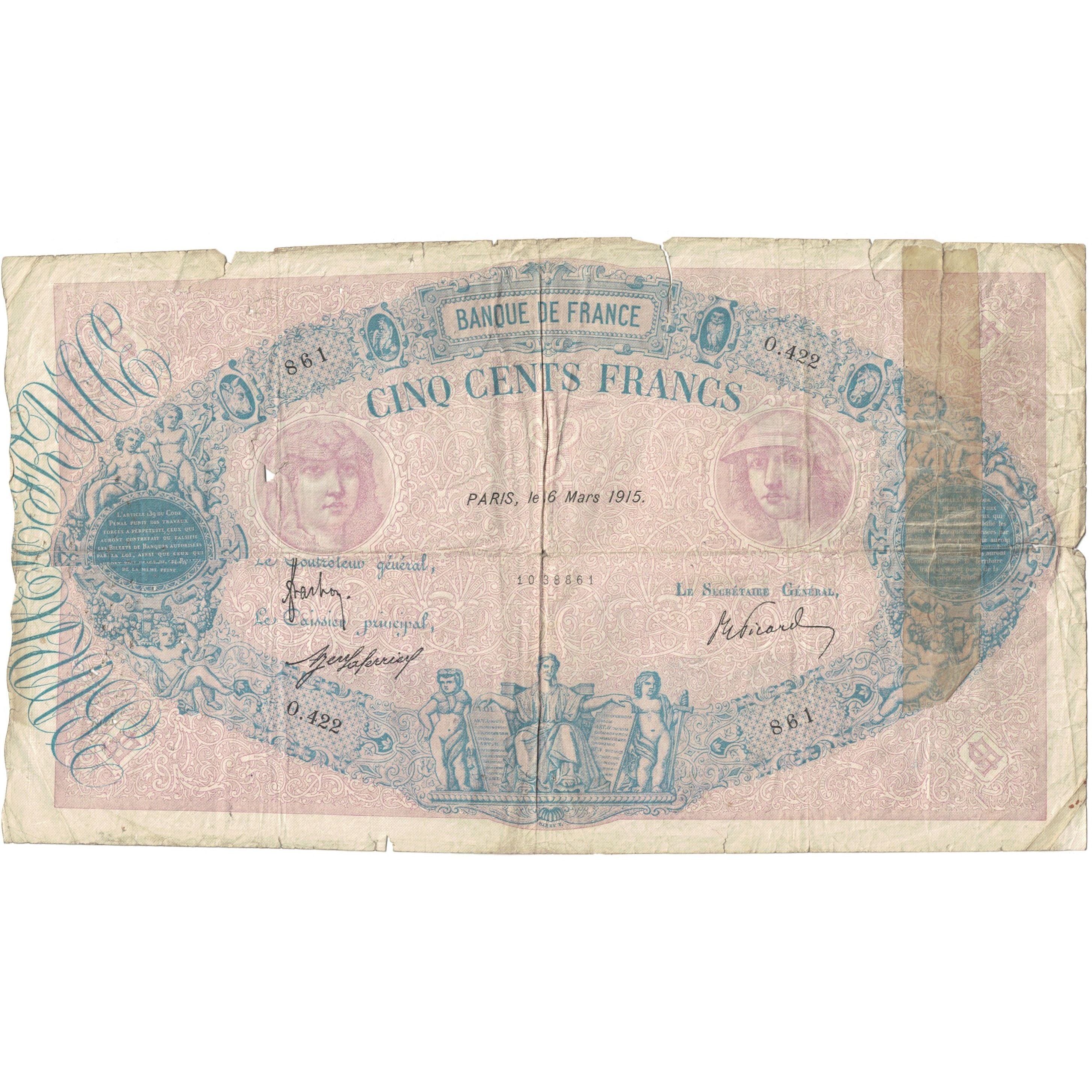 Francia, 500 Francs, 1915, O.422 861, B, Fayette:30.22, KM:66g