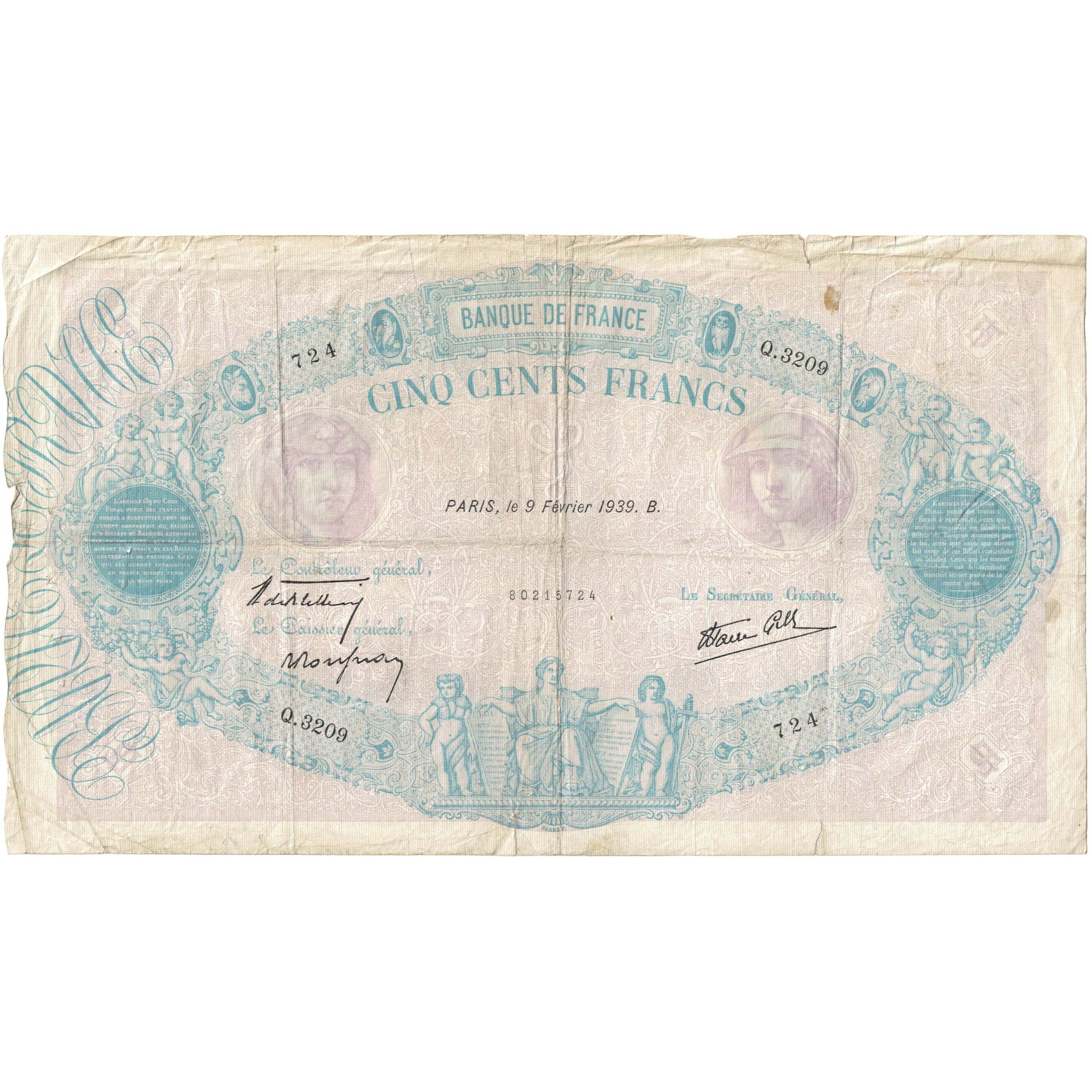 Francja, 500 Francs, 1939, Q.3209 724, VF(20-25), Fayette:31.25, KM:88c