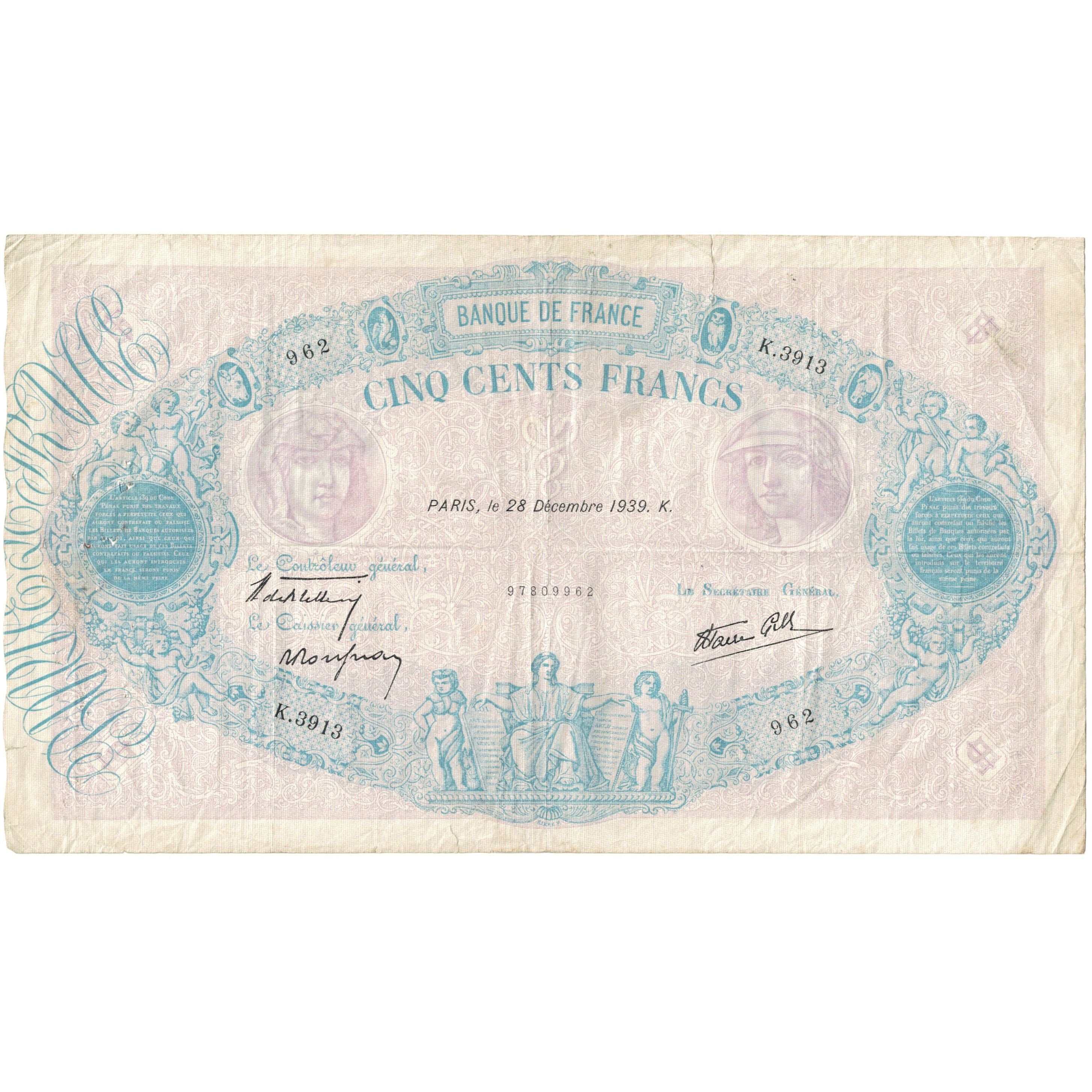 France, 500 Francs, 1939, K.3913 962, TB, Fayette:31.54, KM:88c