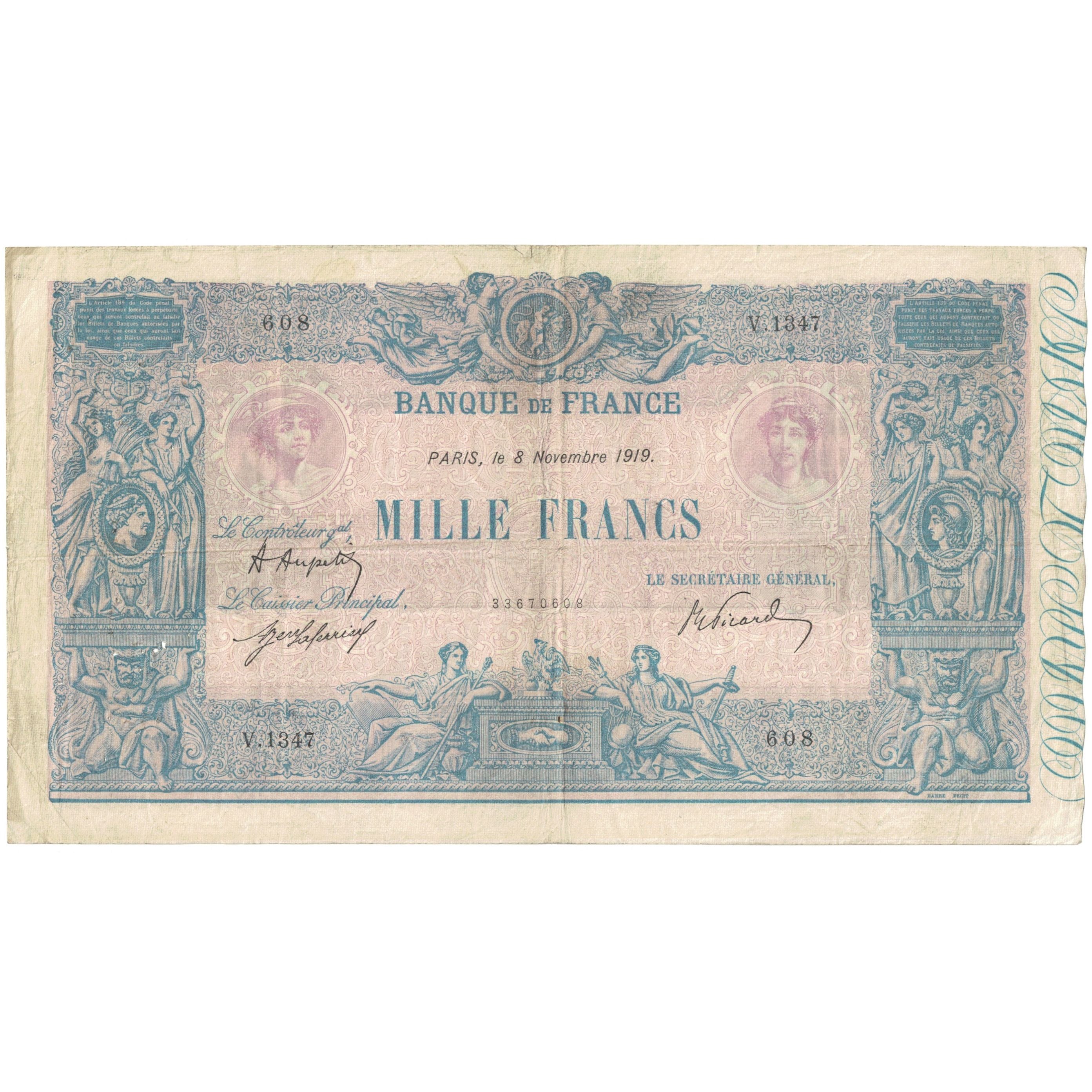 Francia, 1000 Francs, 1919, V.1347 608, MB, Fayette:36.34, KM:67h