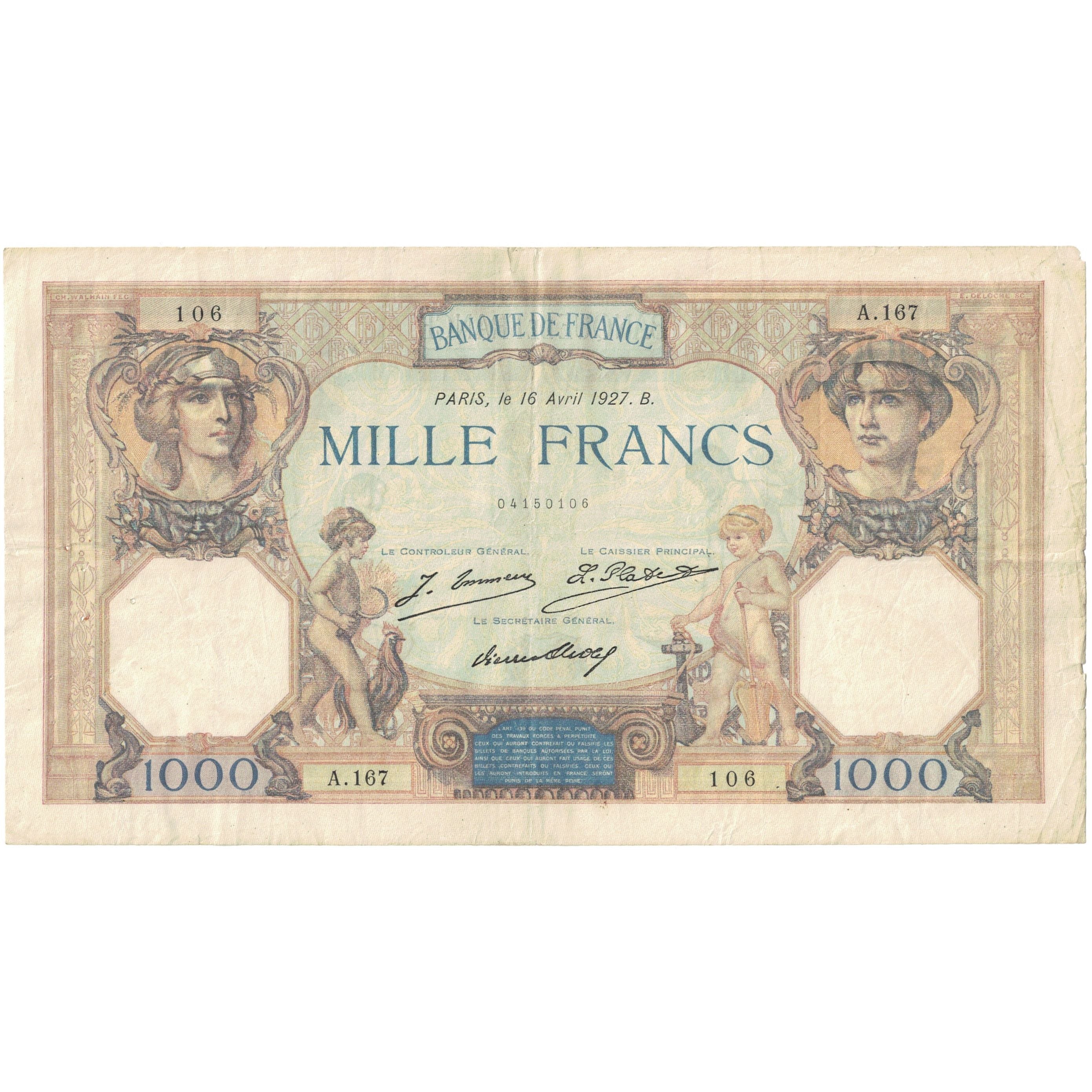 Francia, 1000 Francs, Cérès et Mercure, A.167 106, BC+, Fayette:37.1, KM:79a