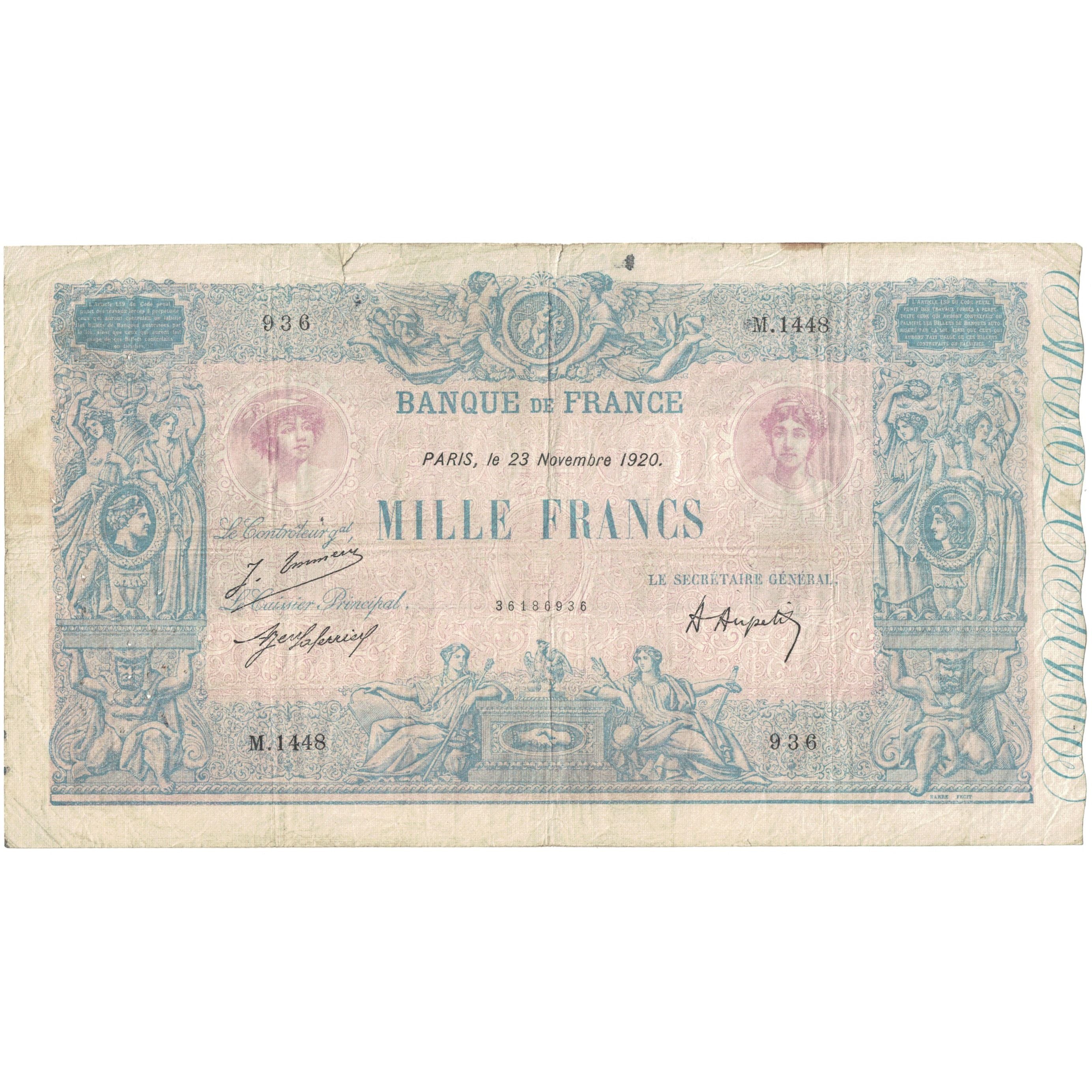 Frankrijk, 1000 Francs, Bleu et Rose, 1921, M.1448 936, TB, Fayette:36.36