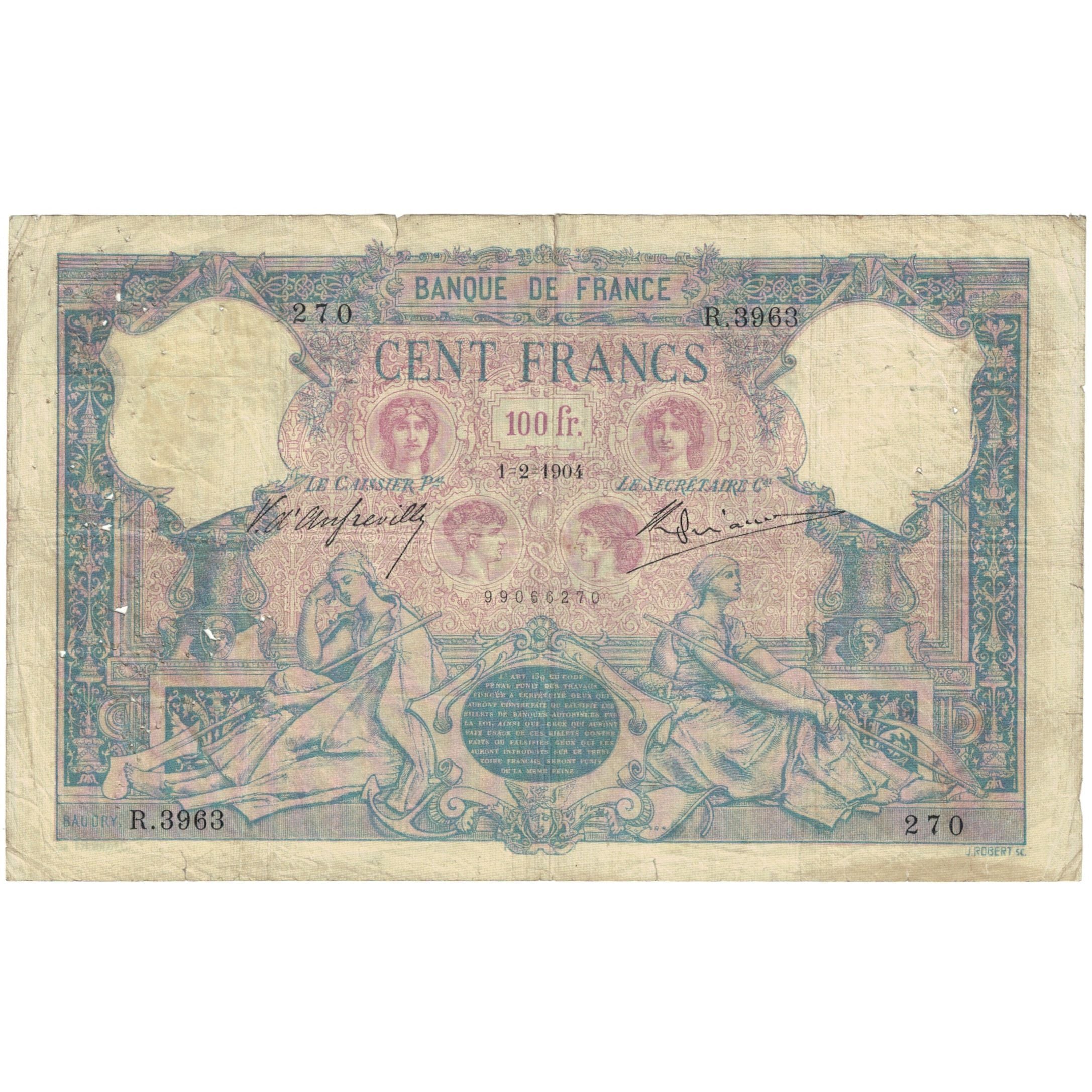 França, 100 Francs, Bleu et Rose, 1904, R.3963 270, VF(20-25), Fayette:21.18