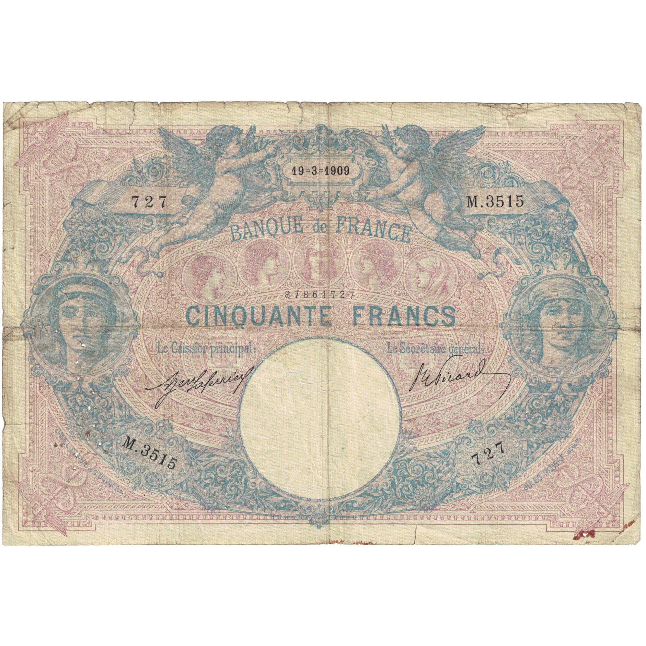 France, 50 Francs, 1909, Bleu et Rose, VG(8-10), Fayette:14.22, KM:64e