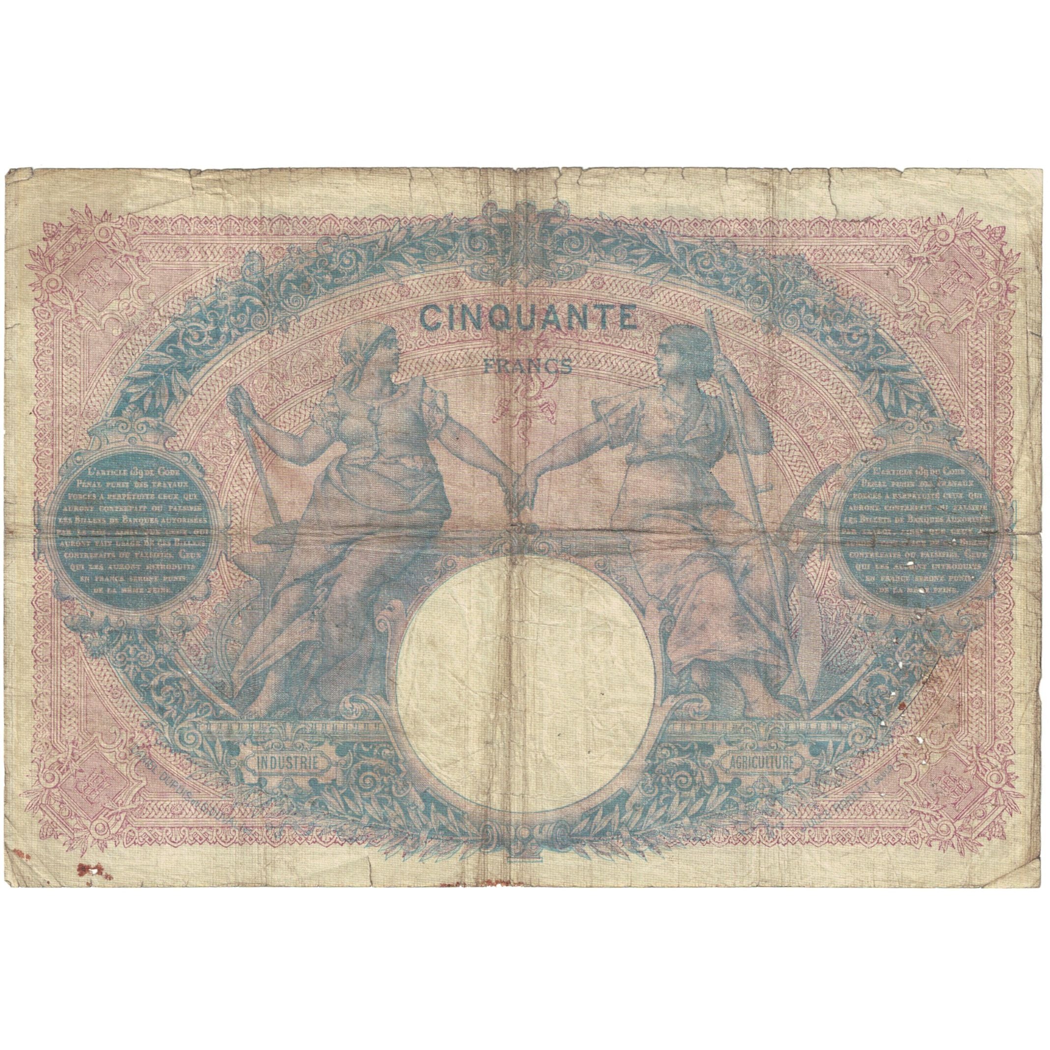 France, 50 Francs, 1909, Bleu et Rose, VG(8-10), Fayette:14.22, KM:64e