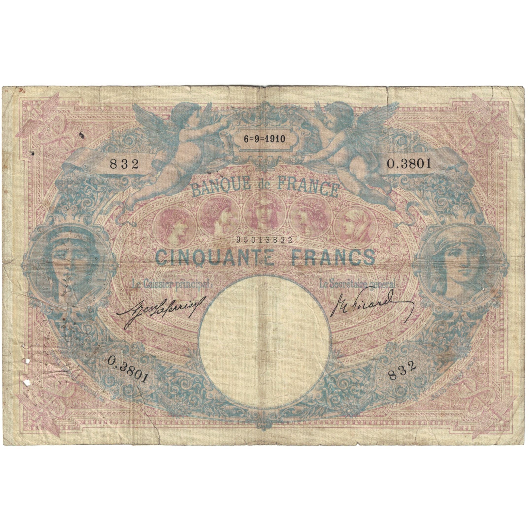 France, 50 Francs, Bleu et Rose, 1910, O.3801 832, VG(8-10), Fayette:14.23