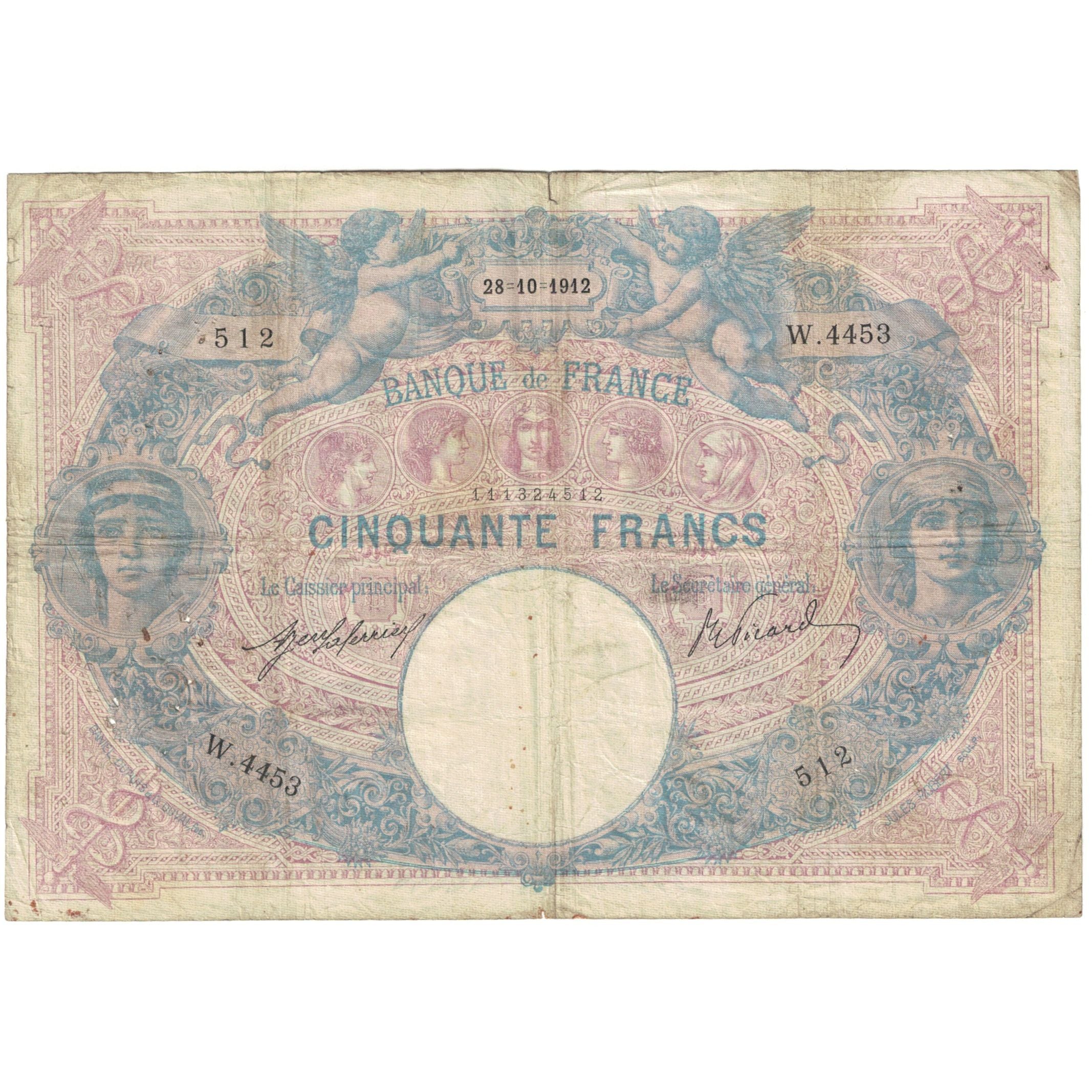 France, 50 Francs, Bleu et Rose, 1912, W.4453 512, VF(20-25), Fayette:14.25