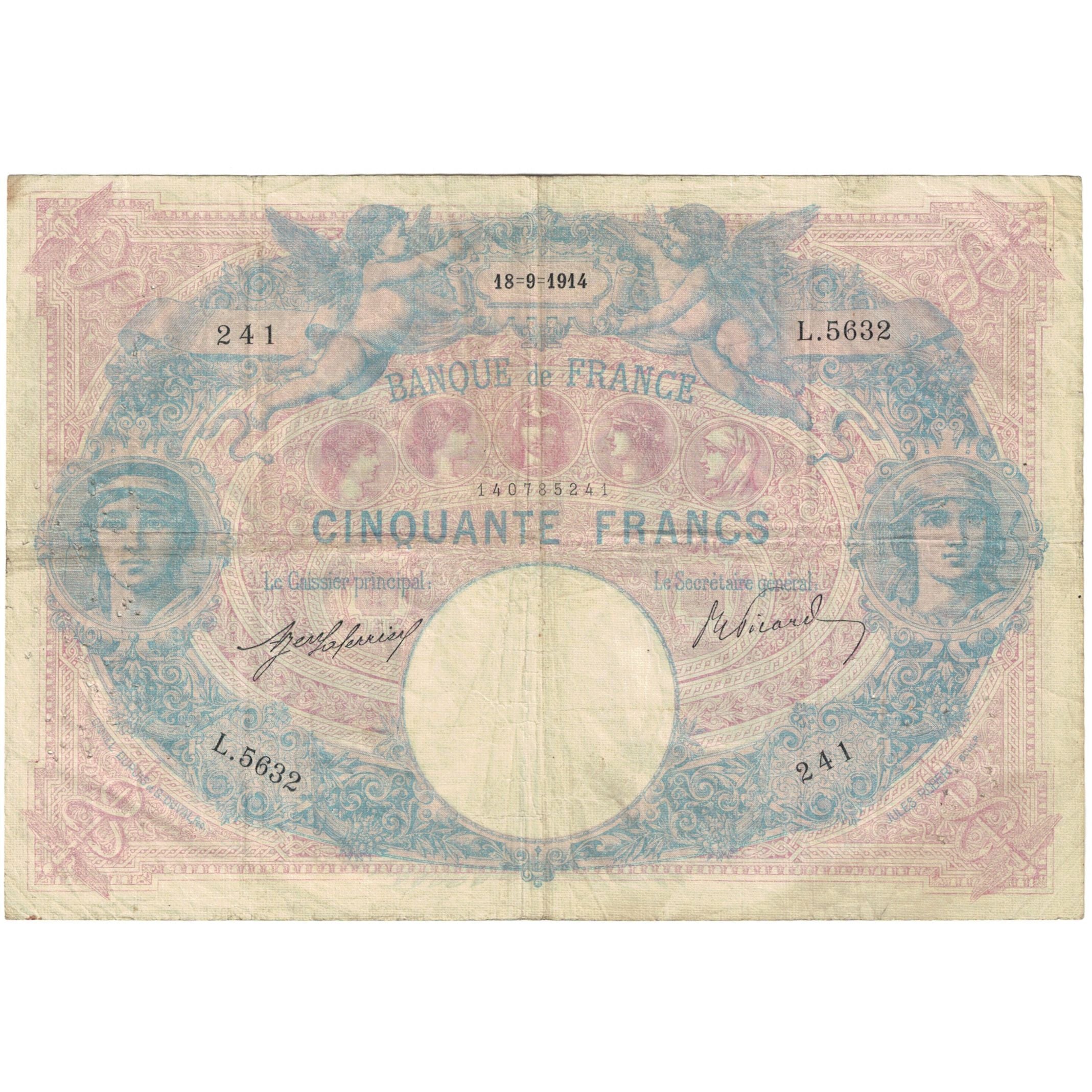France, 50 Francs, 1914, Bleu et Rose, VF(20-25), Fayette:14.27, KM:64e