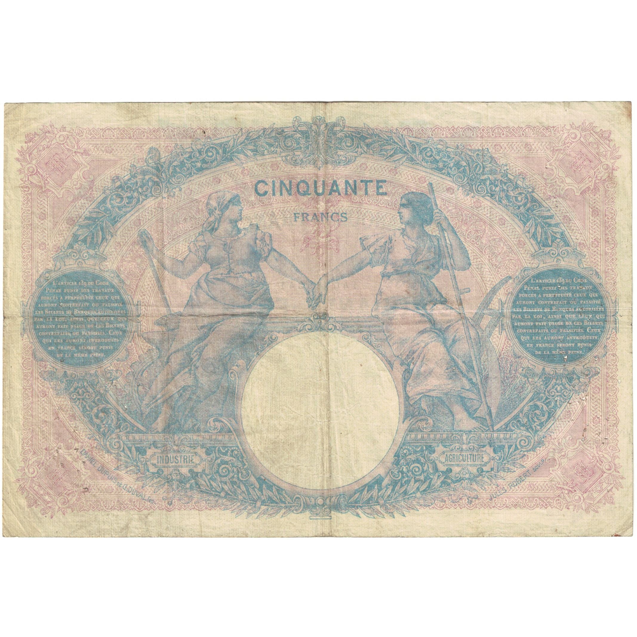 France, 50 Francs, 1914, Bleu et Rose, VF(20-25), Fayette:14.27, KM:64e