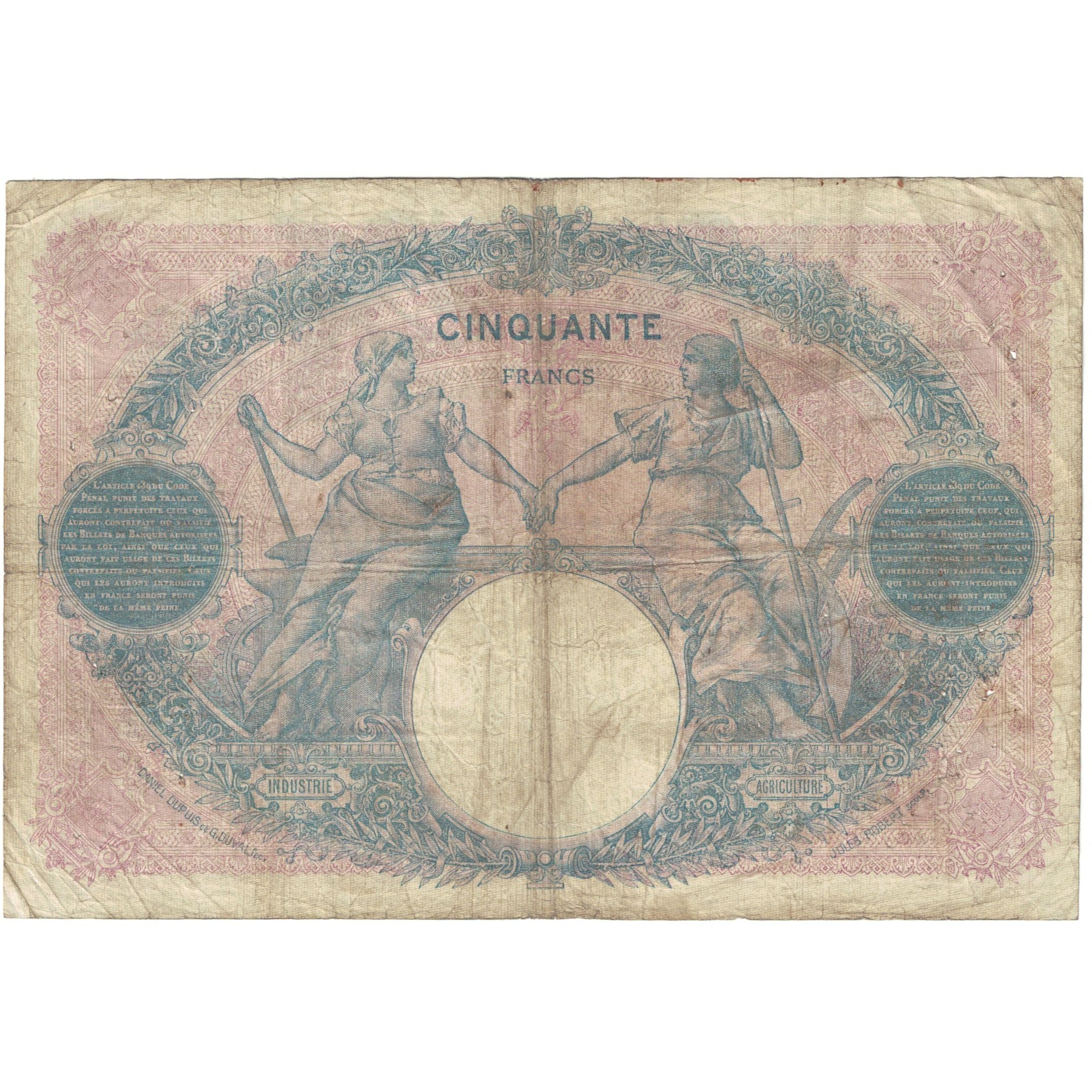 France, 50 Francs, Bleu et Rose, 1918, E.7891 733, VF(20-25), Fayette:14.31