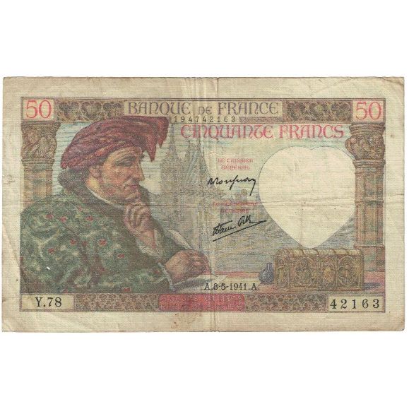 Francja, 50 Francs, Jacques Coeur, 1941, Y.78 42163, VG(8-10), Fayette:19.10
