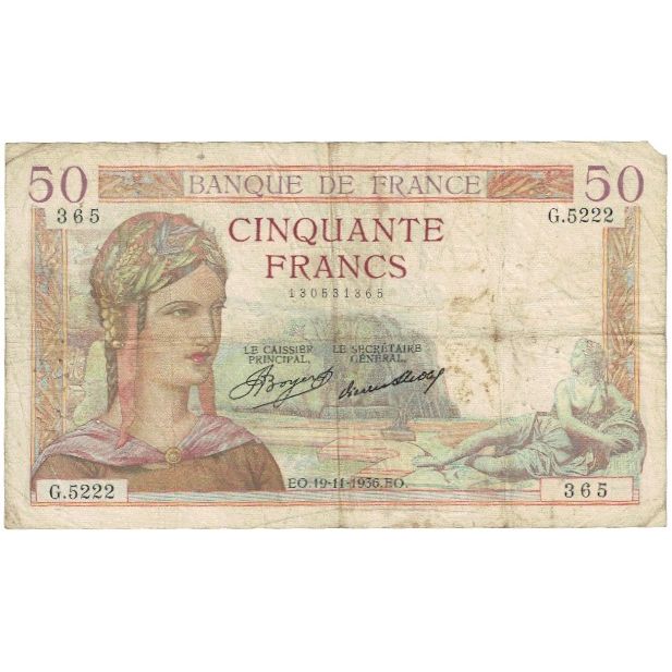 Francja, 50 Francs, Cérès, 1936, G.5222, VG(8-10), Fayette:17.5, KM:81