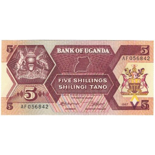 Banknot, Uganda, 5 Shillings, 1987, KM:27, UNC(65-70)