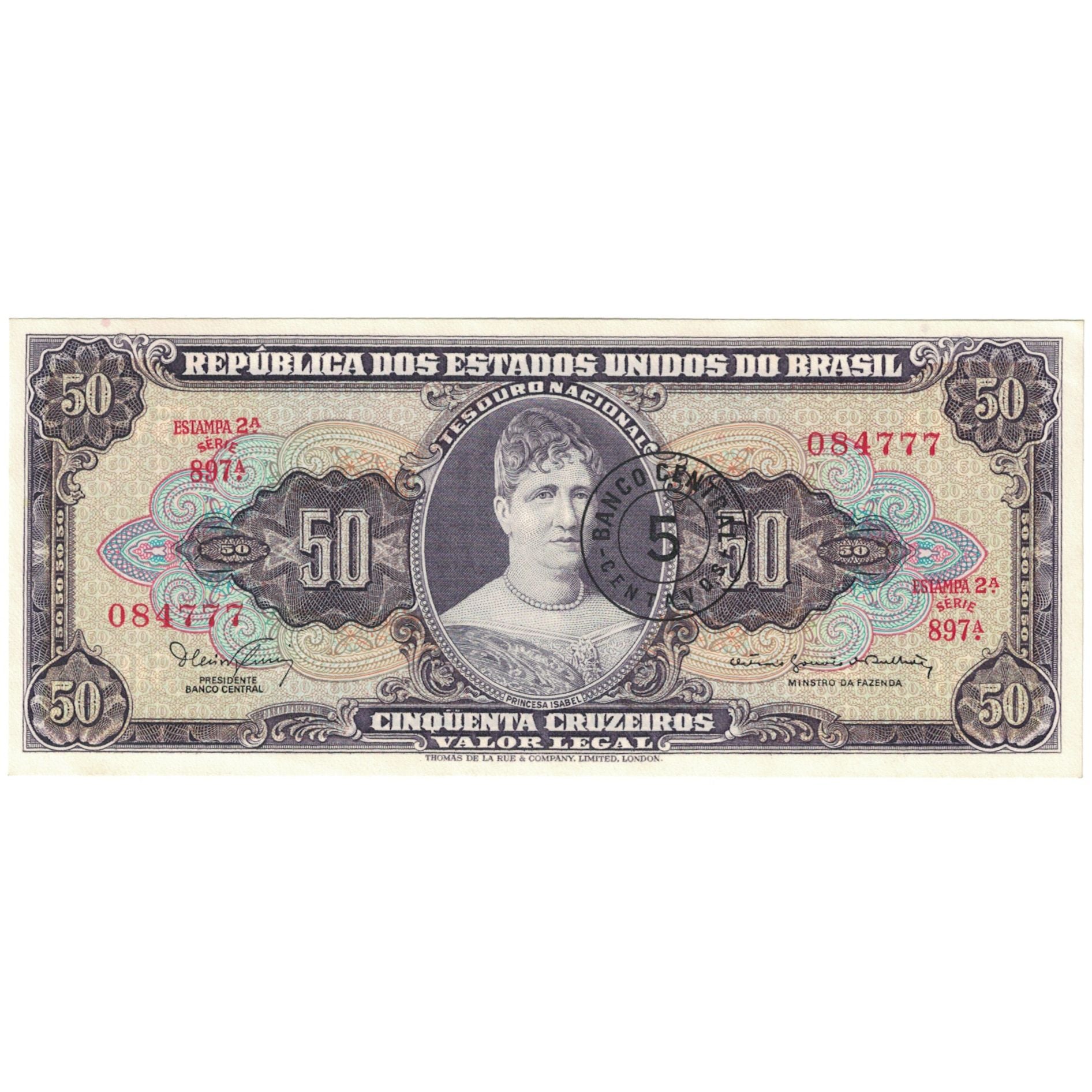 Nota, Brasil, 5 Centavos on 50 Cruzeiros, Undated (1961), KM:184a, AU(55-58)