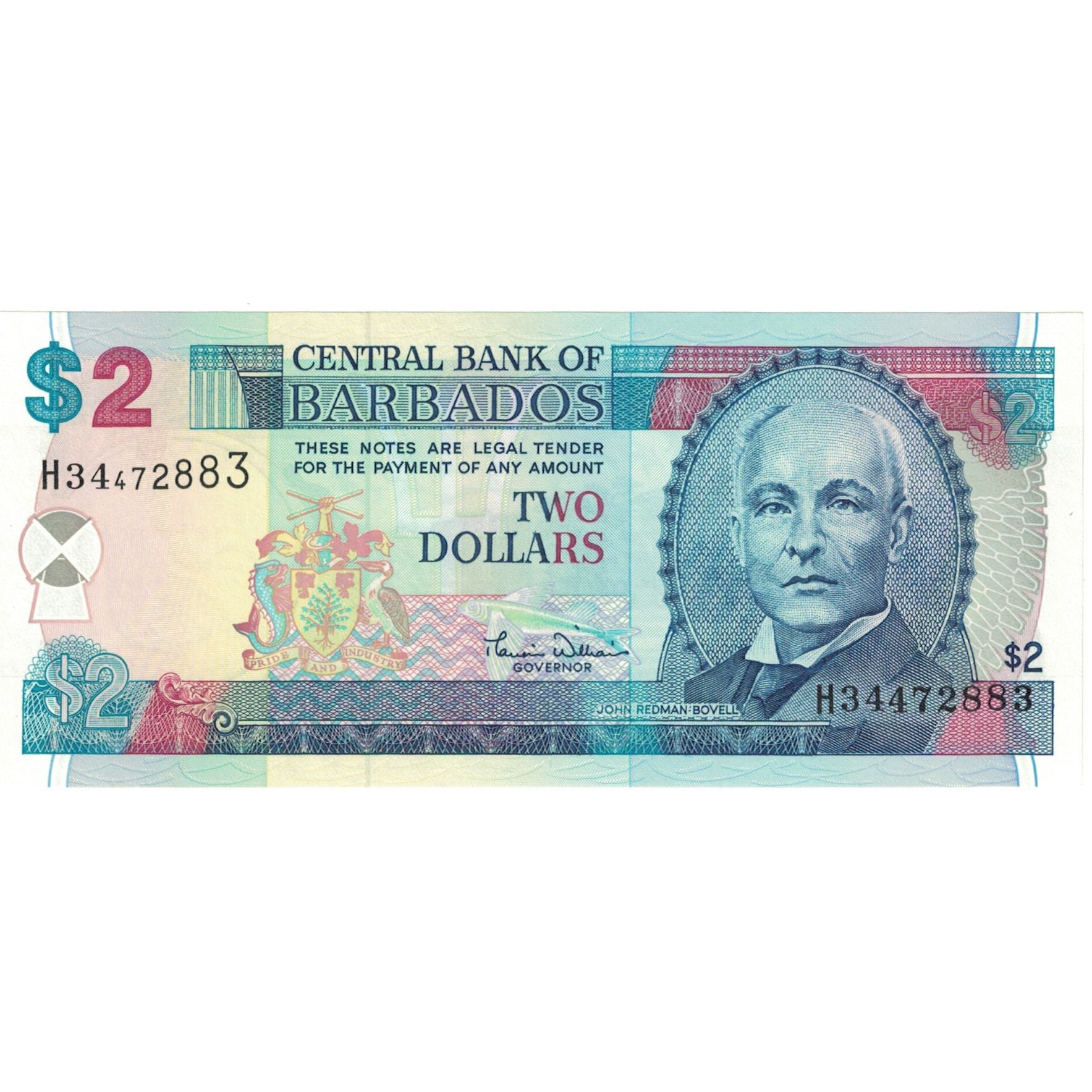 Banconote, Barbados, 2 Dollars, Undated (1986), KM:36, FDS