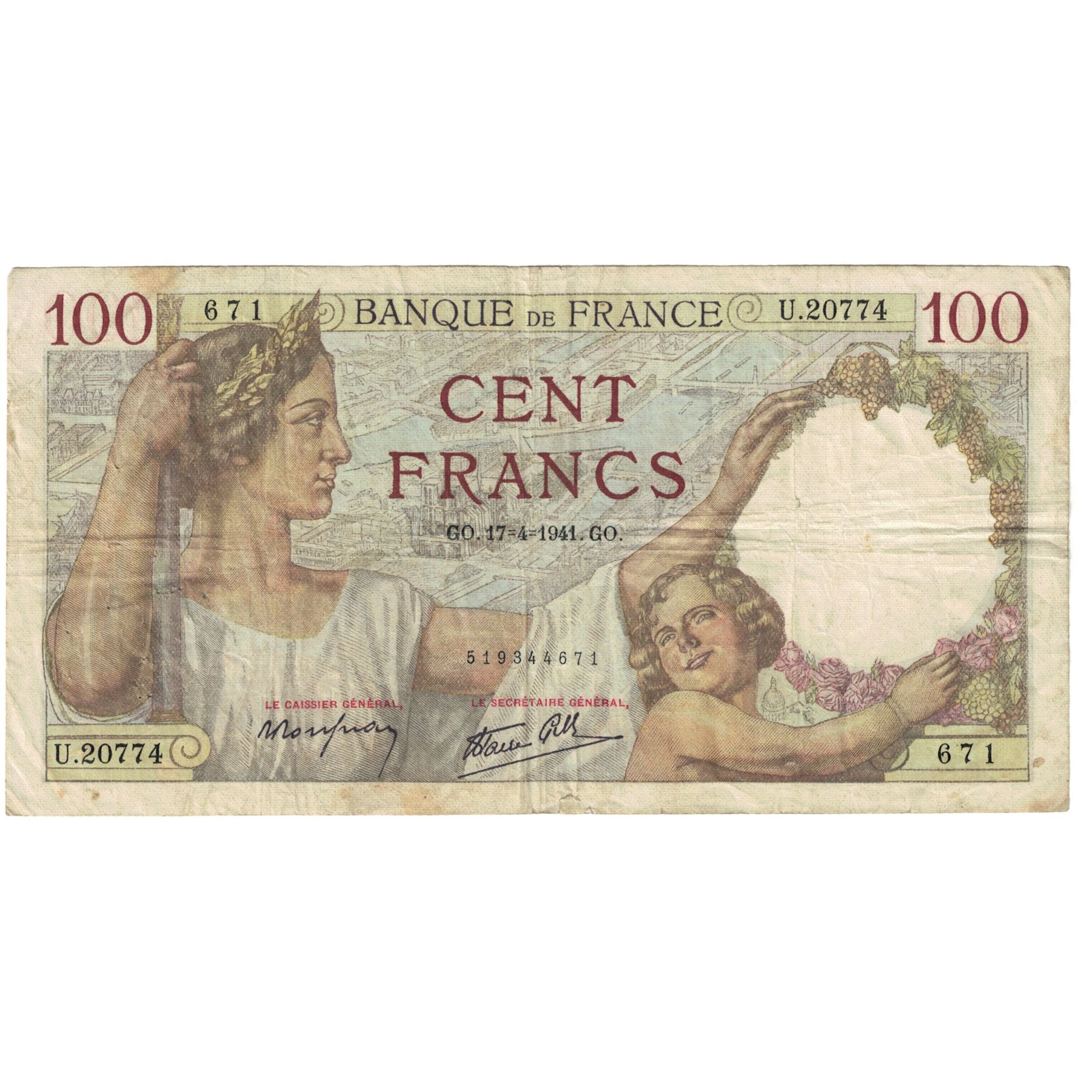 França, 100 Francs, Sully, 1941, U.20774, VF(30-35), Fayette:26.50, KM:94