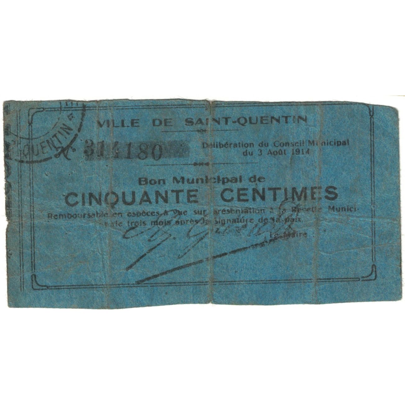 Frankreich, Saint-Quentin, 50 Centimes, 1914, Bon Municipal., SGE, Pirot:02-2033