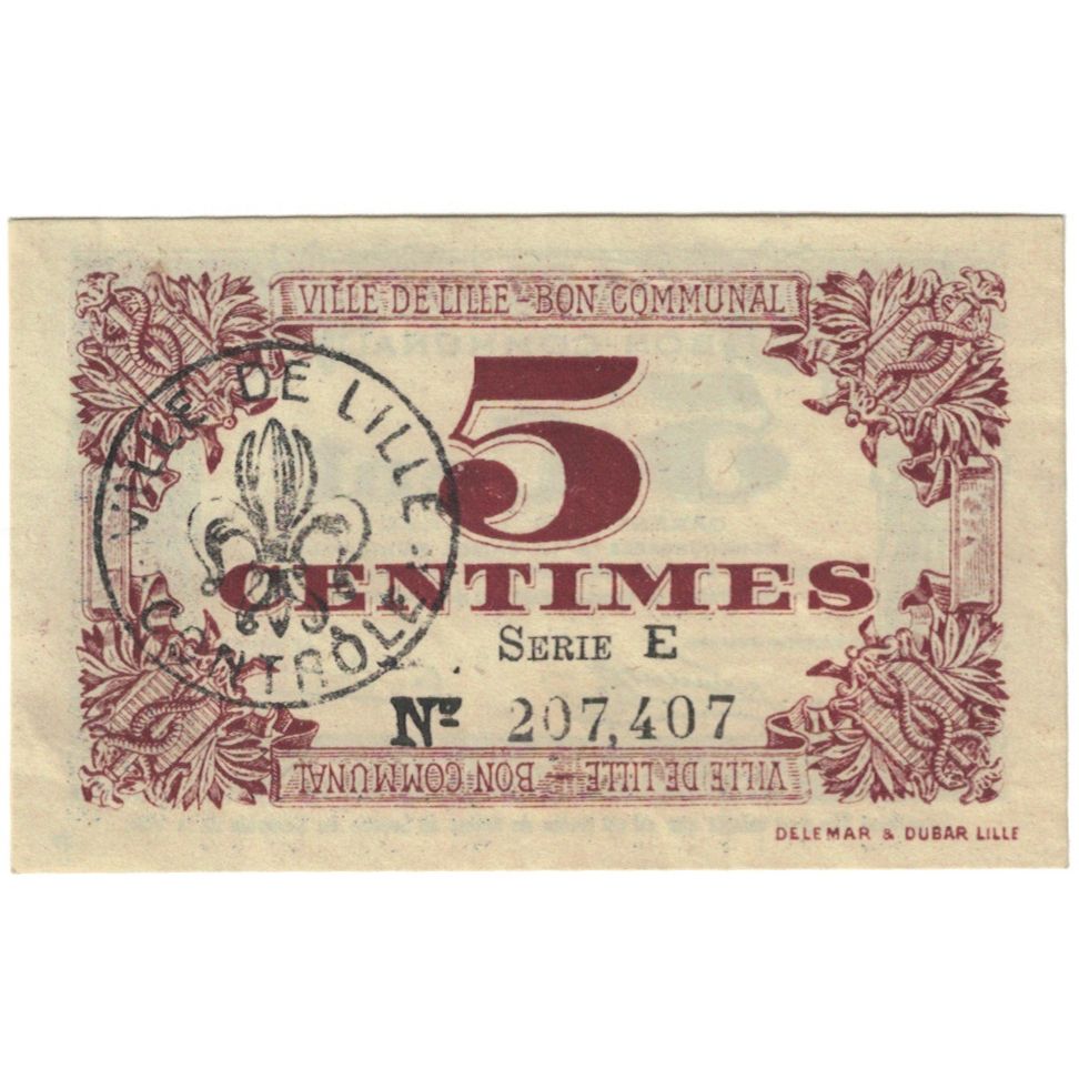 France, Lille, 5 Centimes, 1918, AU(55-58), Pirot:59-1630