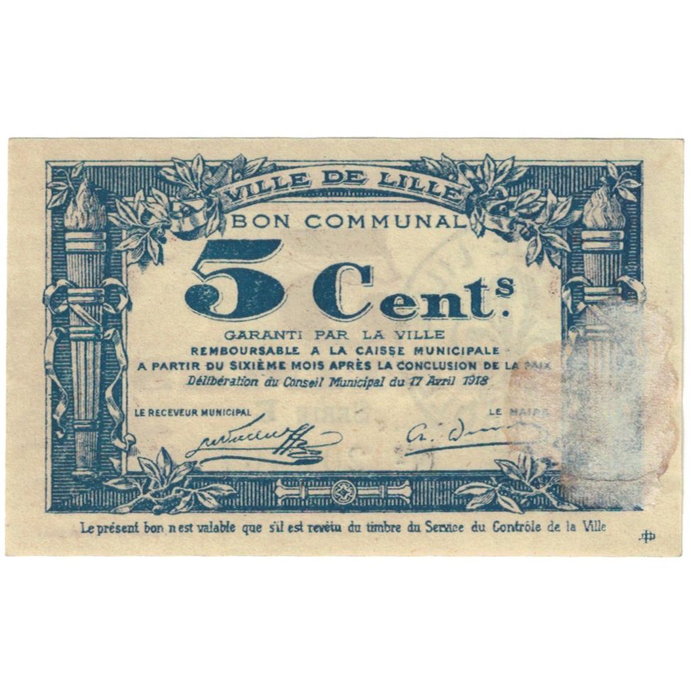 France, Lille, 5 Centimes, 1918, AU(55-58), Pirot:59-1630