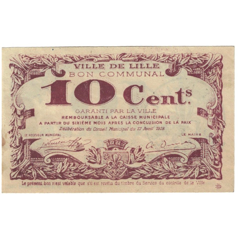 France, Lille, 10 Centimes, 1917, Bon Communal, AU(55-58), Pirot:59-1632