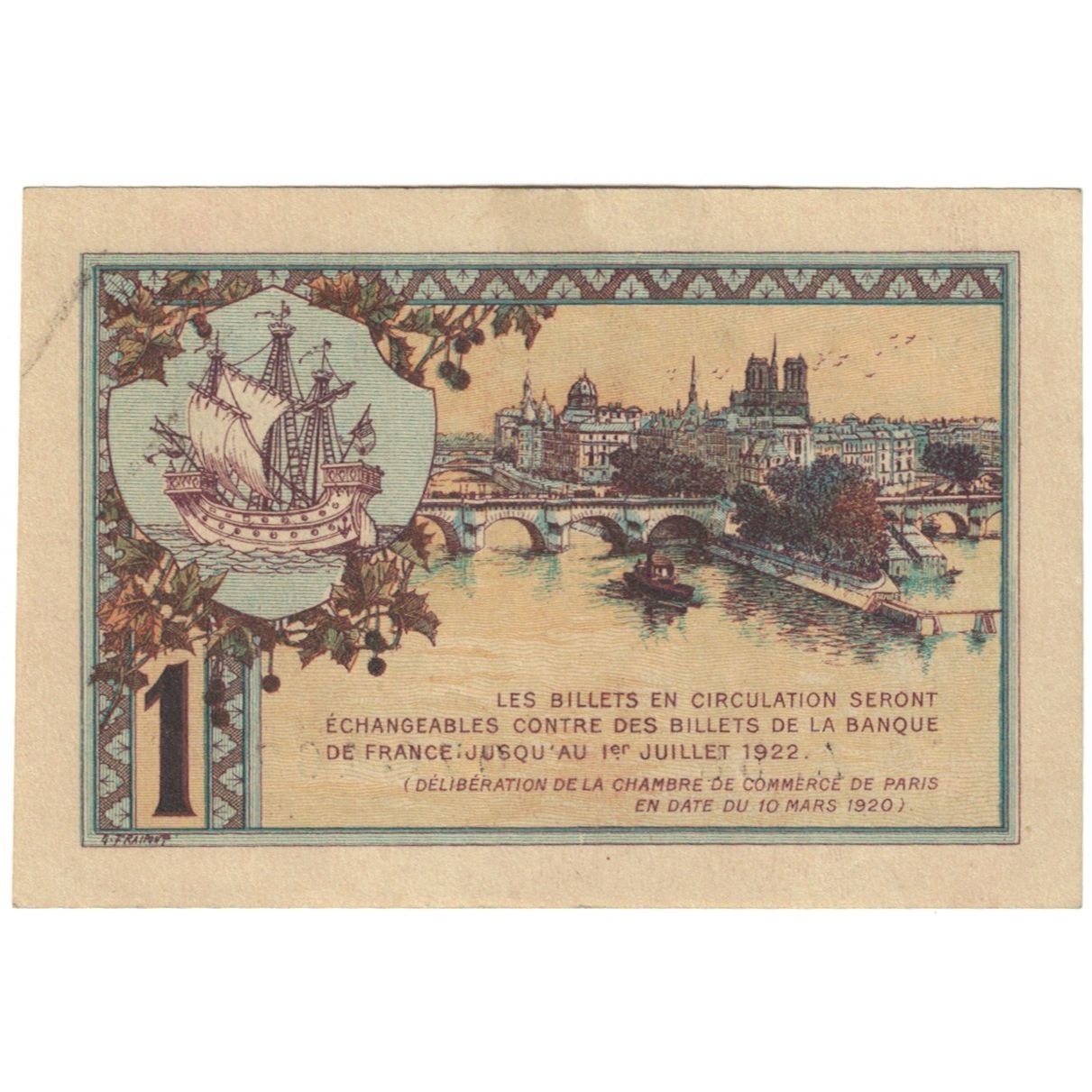 France, Paris, 1 Franc, 1920, Chambre de Commerce, VF(20-25), Pirot:97-36
